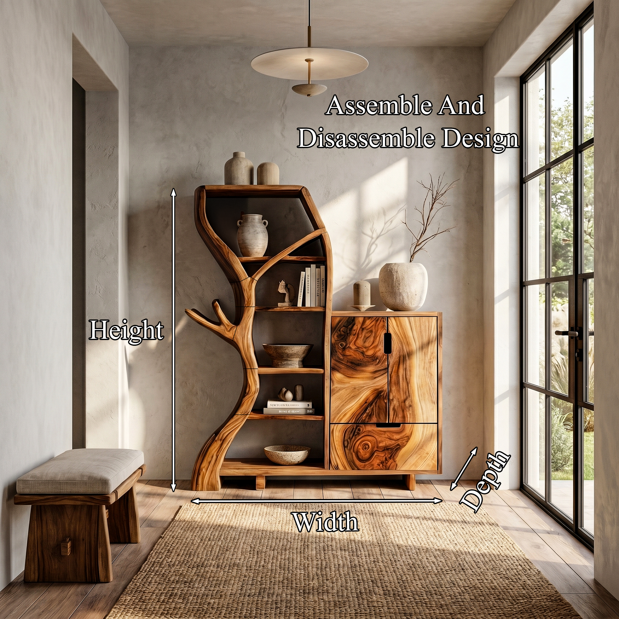 Rustic Storage Cabinet With Tree Bookshelf And Display Shelves For Entryway SINLHASC536
