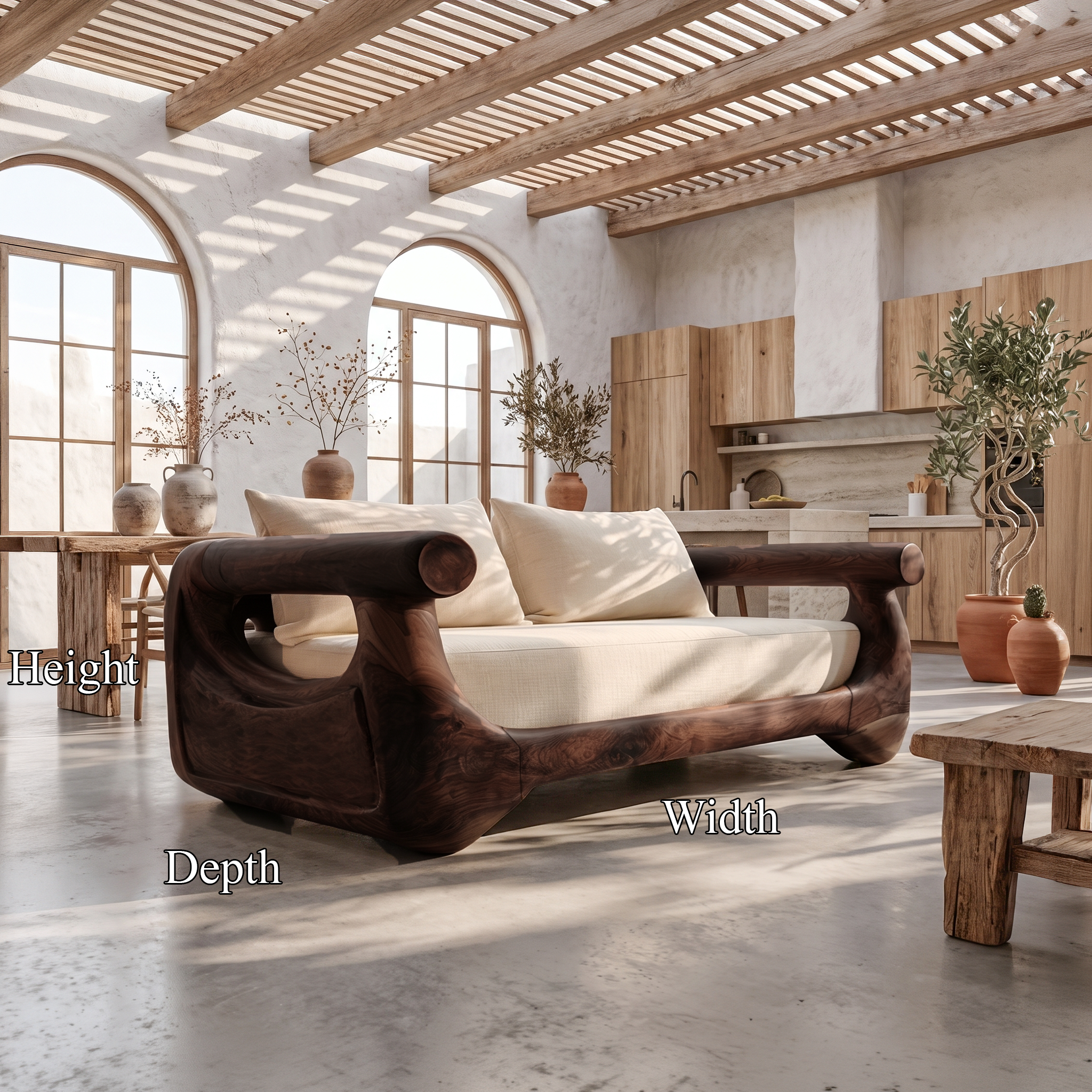 Modern Sofa With Sculptural Perforated Wood Frame For Living Room SINLSASF041