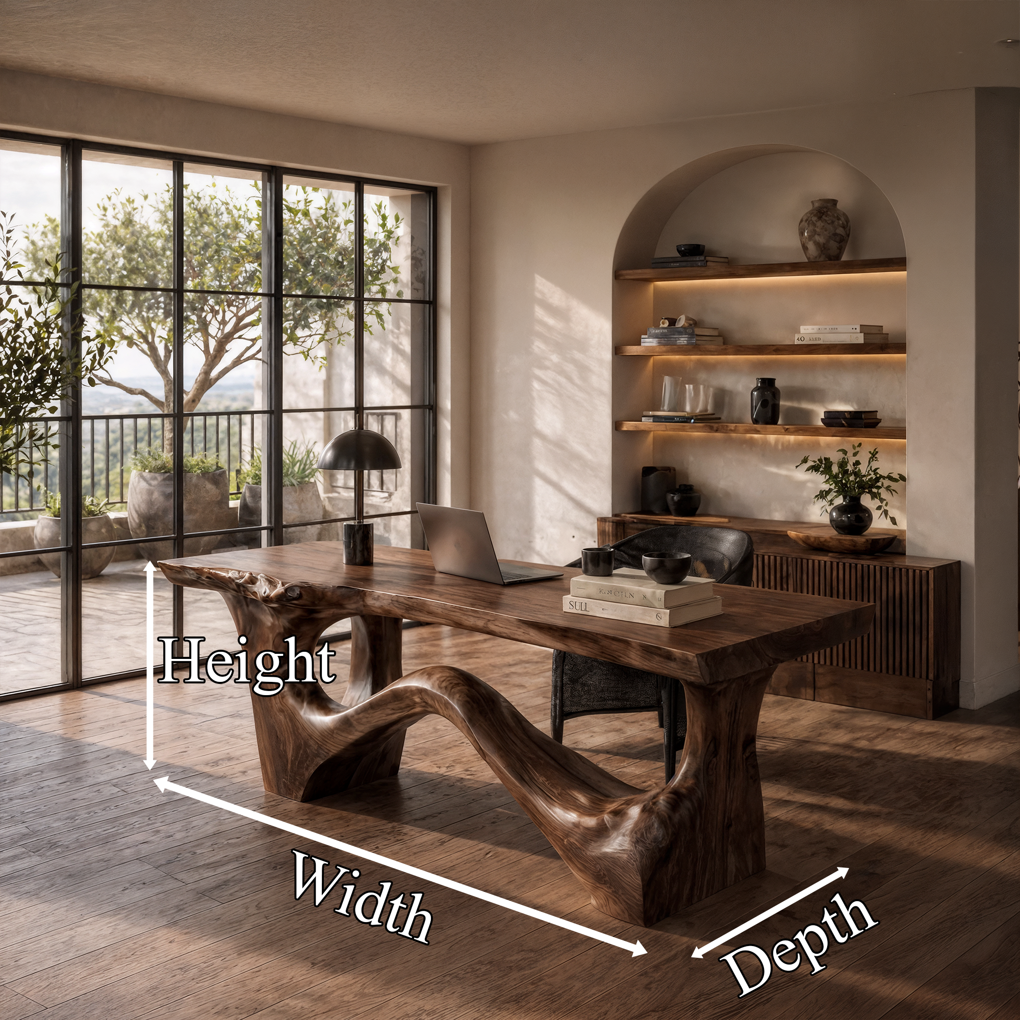 Organic Sculptural Desk With Asymmetrical Wood Base And Solid Wood Top For Home Office And Workspace SINLKIDK114