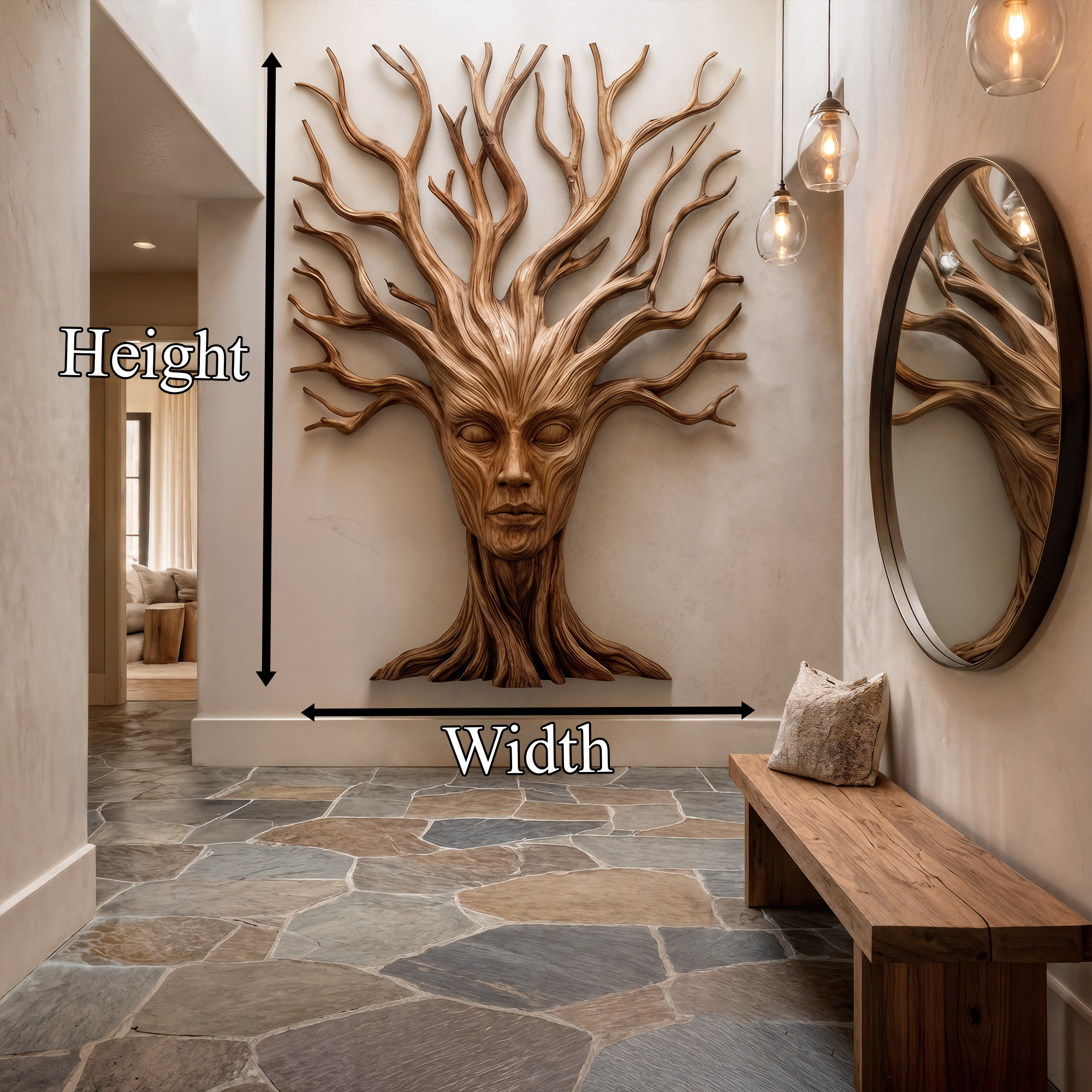 Mystical Tree Spirit Wooden Wall Art With Sculptural Face Design For Entryway And Living Room SINLKIWD104