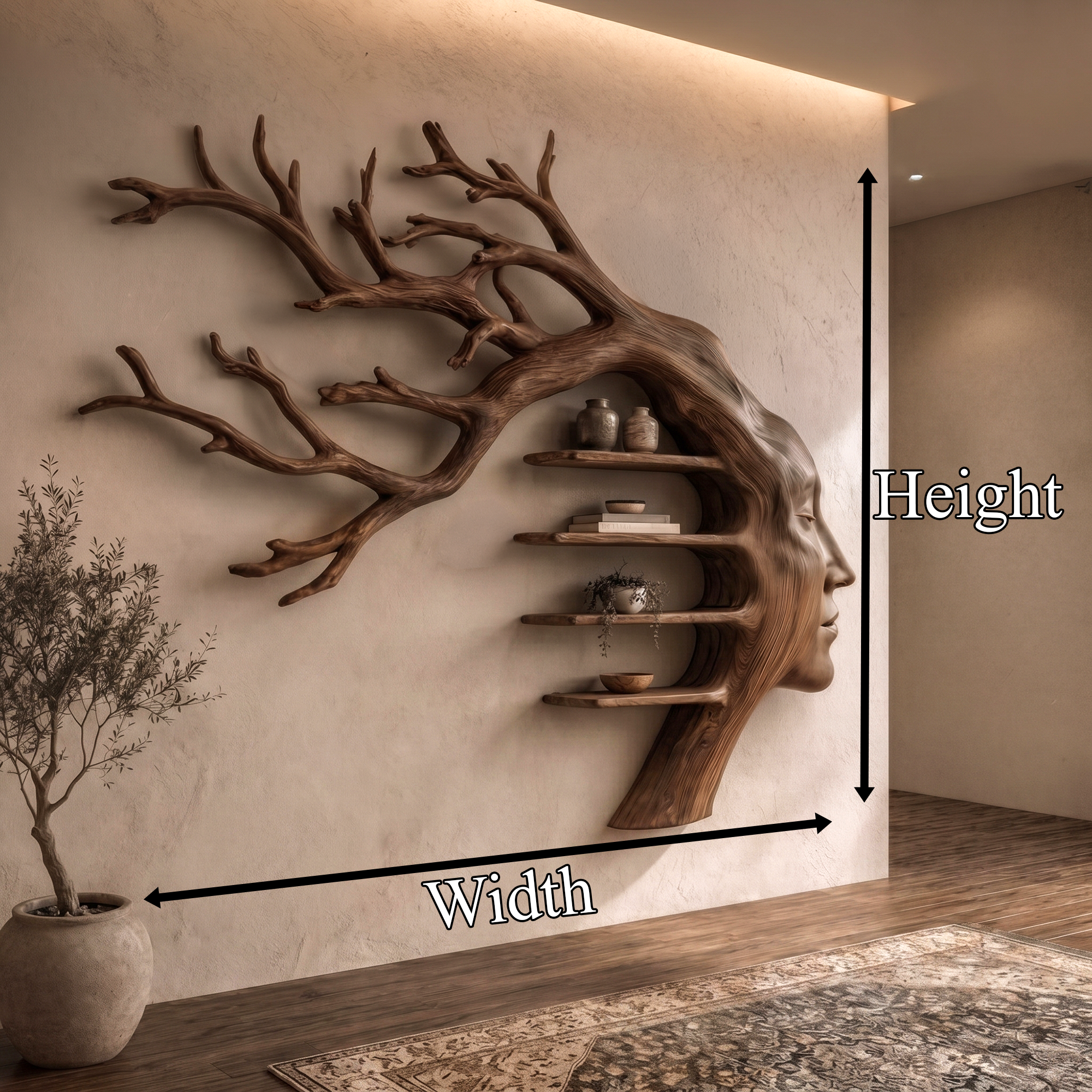 Rustic Tree Branch Wooden Wall Art With Floating Shelves For Living Room And Entryway SINLKIWD105