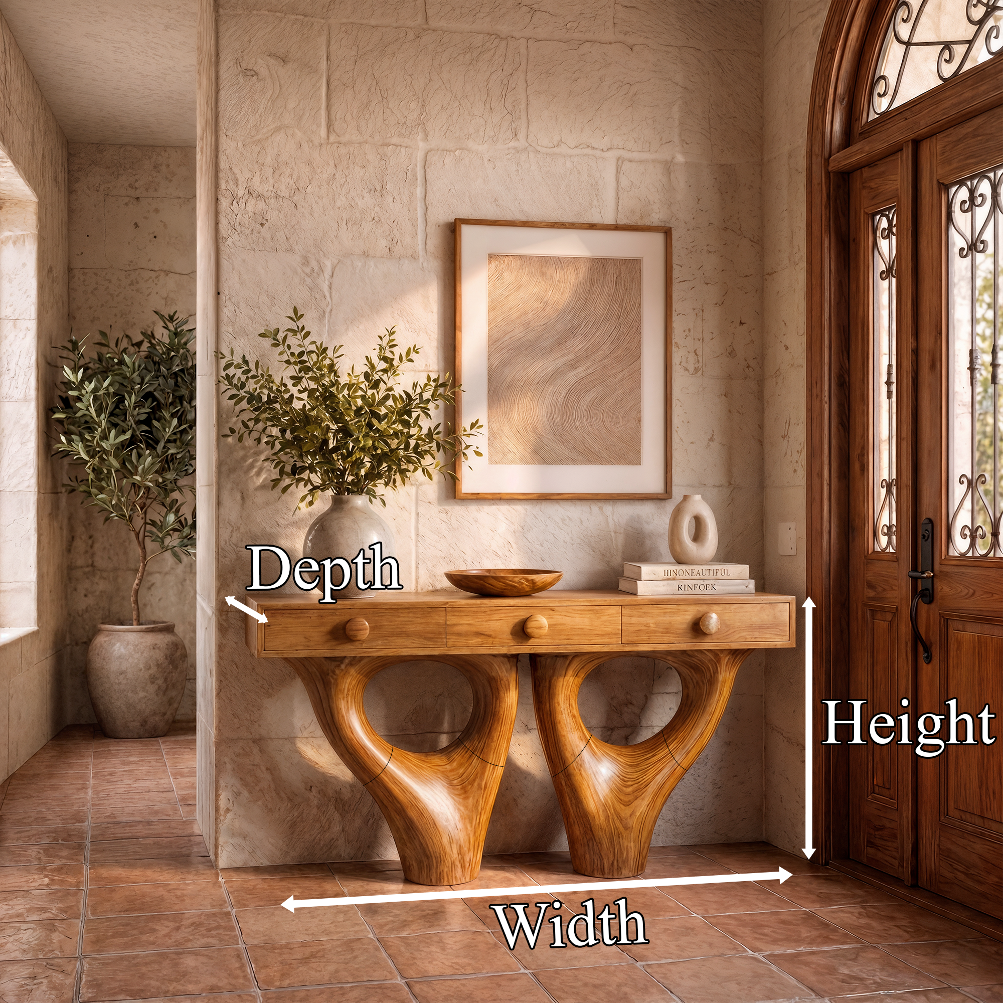 Rustic Console Table With Sculptural Double Pedestal Wood Base And Solid Wood Top For Entryway And Living Room SINLKICS594