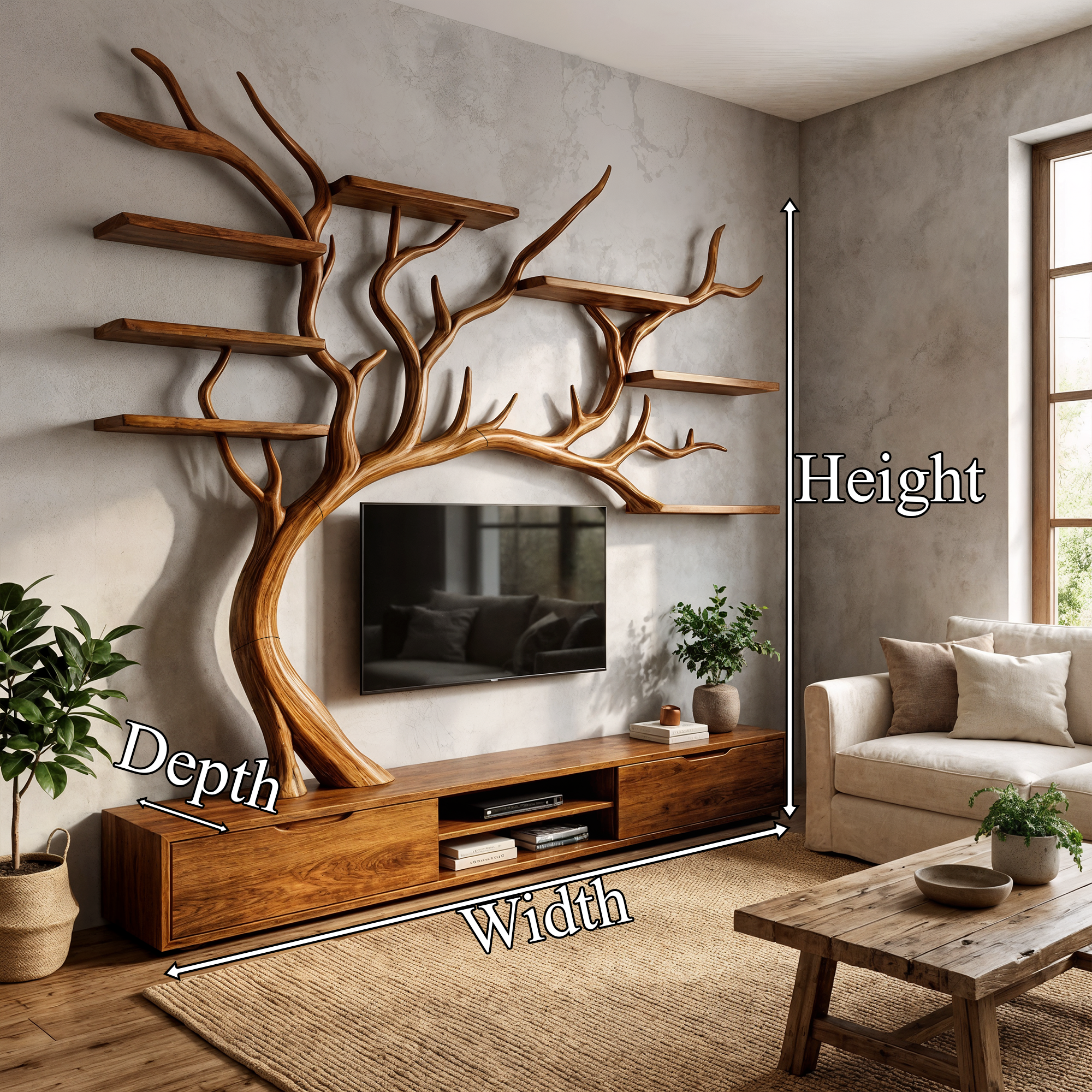 Rustic Tree TV Shelf Organic Home Decor SINLKITB554