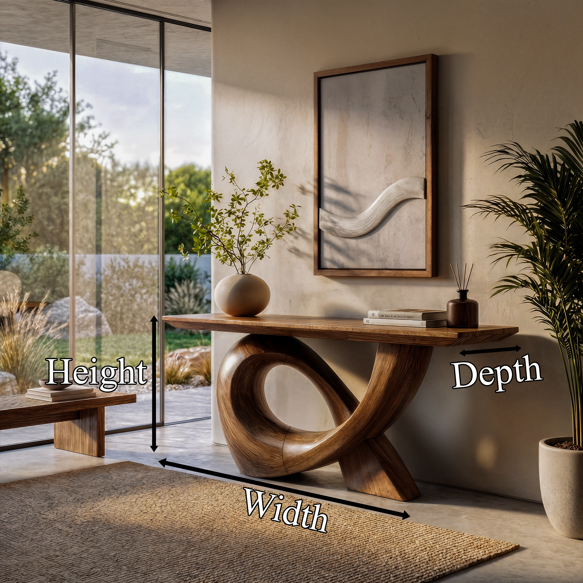 Sculptural Console Table With Flowing Curved Wood Base For Entryway And Living Room SINLKICS596