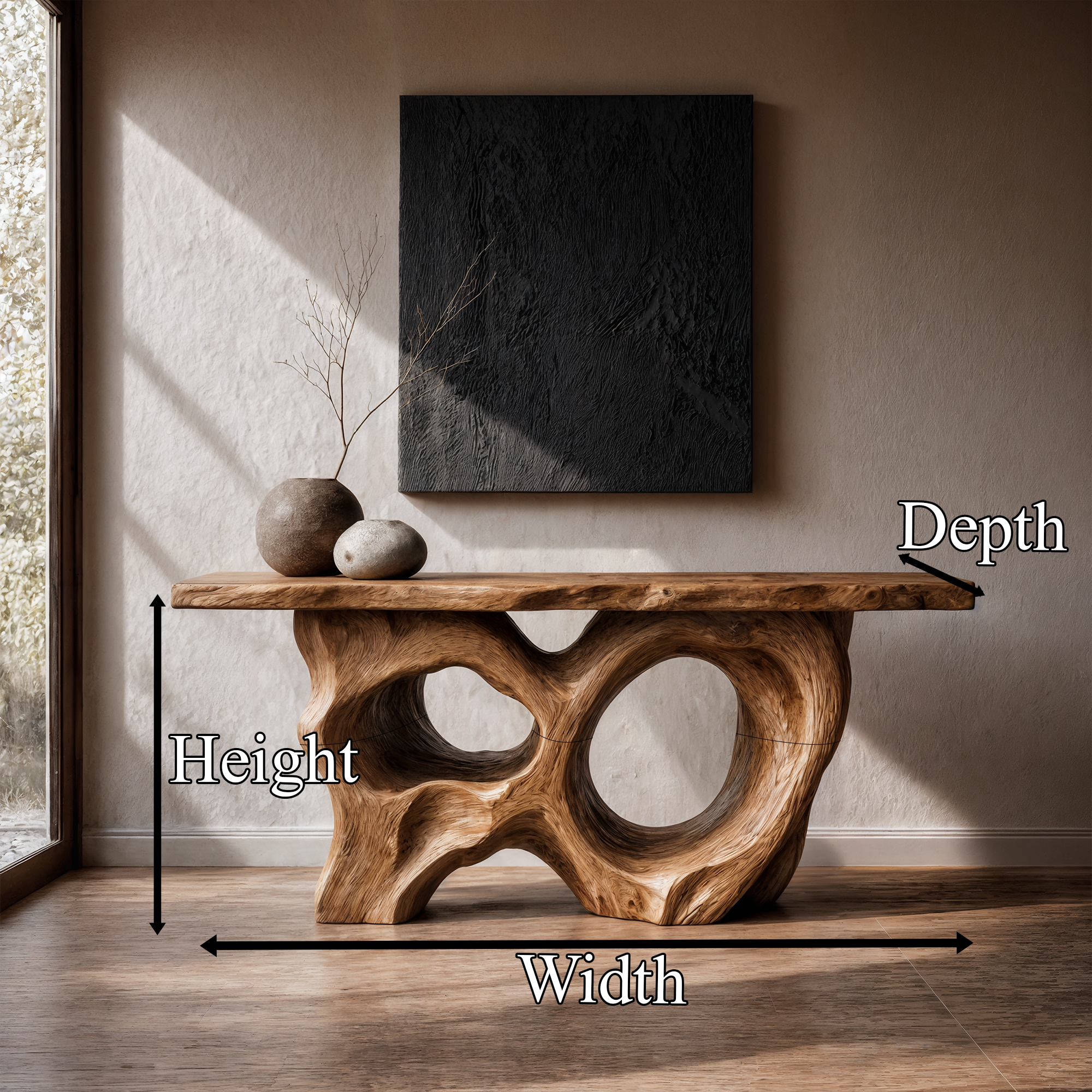 Modern Console Table With Sculptural Asymmetrical Wood Base For Living Room SINLKICS598