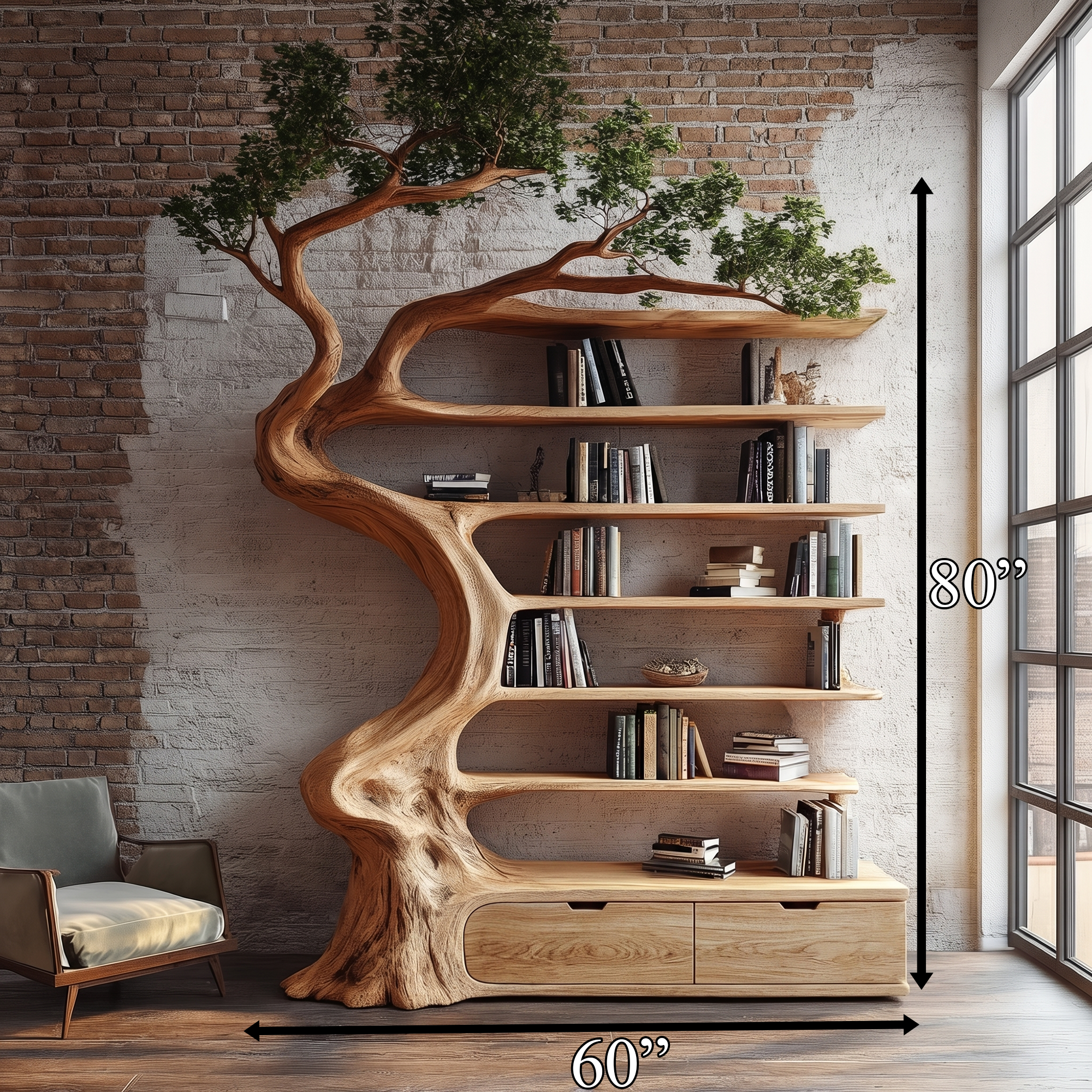 Rustic Tree Bookshelf With Storage Cabinet For Living Room SINLKITB724