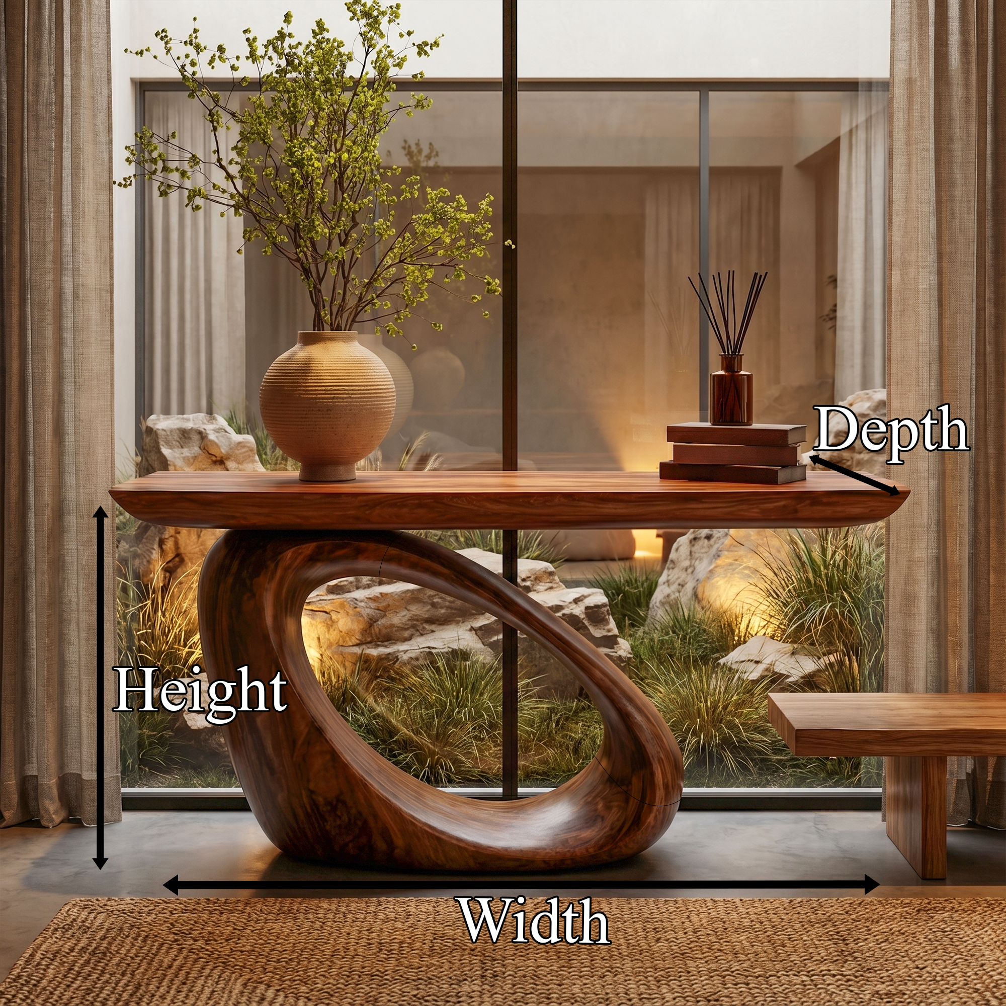 Modern Organic Console Table With Sculptural Loop Pedestal Wood Base For Entryway And Living Room SINLKICS595