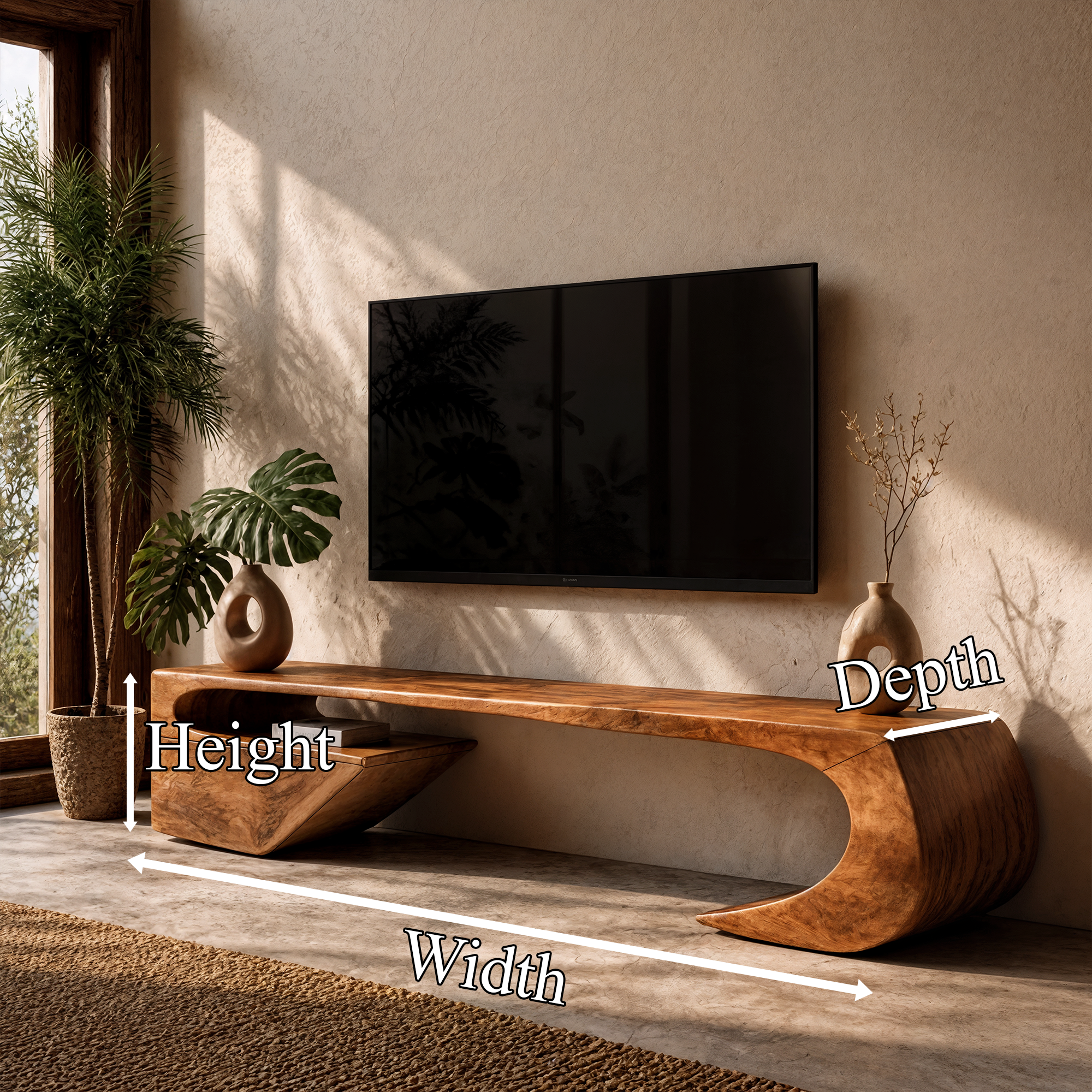 Japandi TV Cabinet With Sculptural Curved Wood Base And Solid Wood Media Console For Living Room SINLKITC035