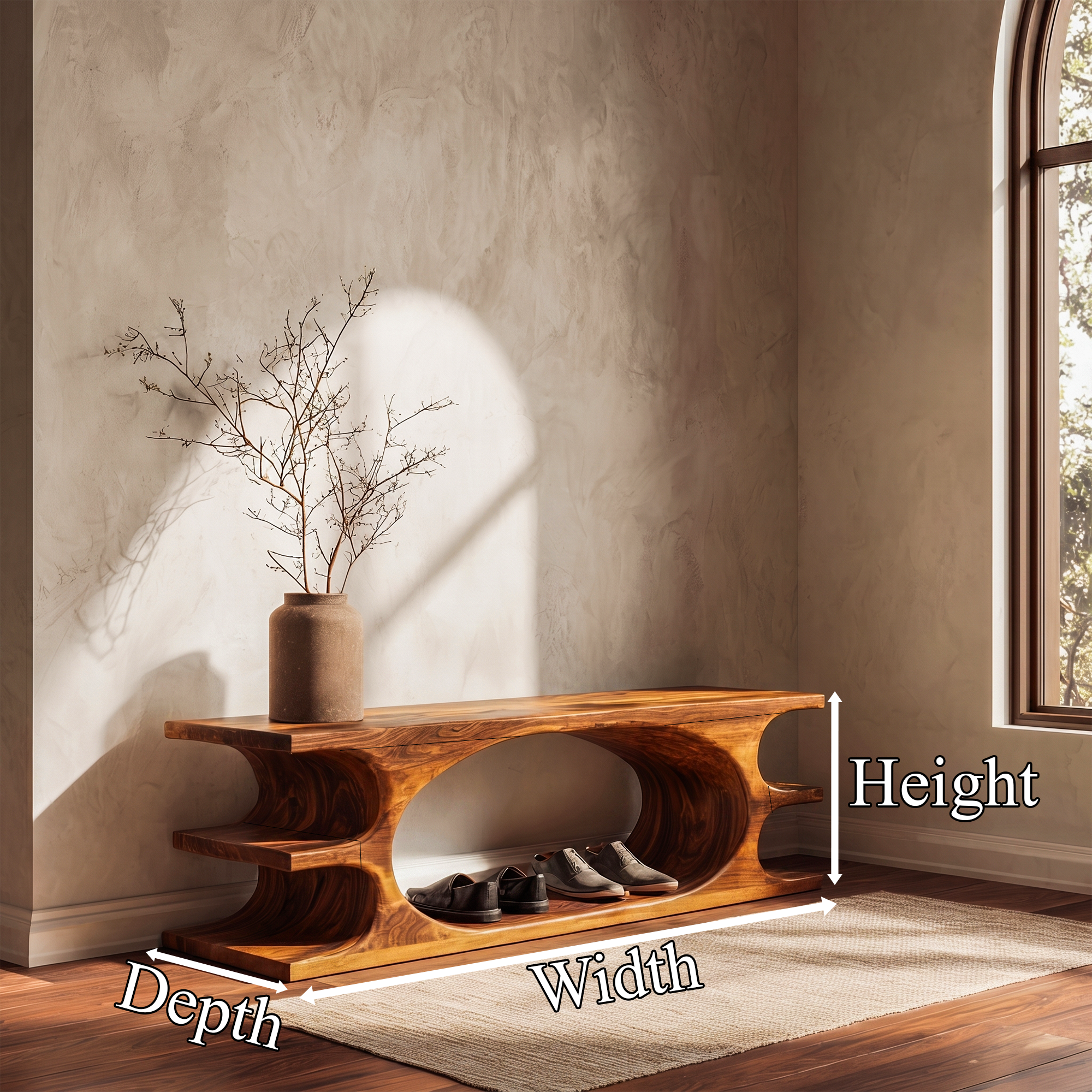 Organic Sculptural Wooden Bench With Flowing Curved Base For Living Room And Entryway SINLKIRS106