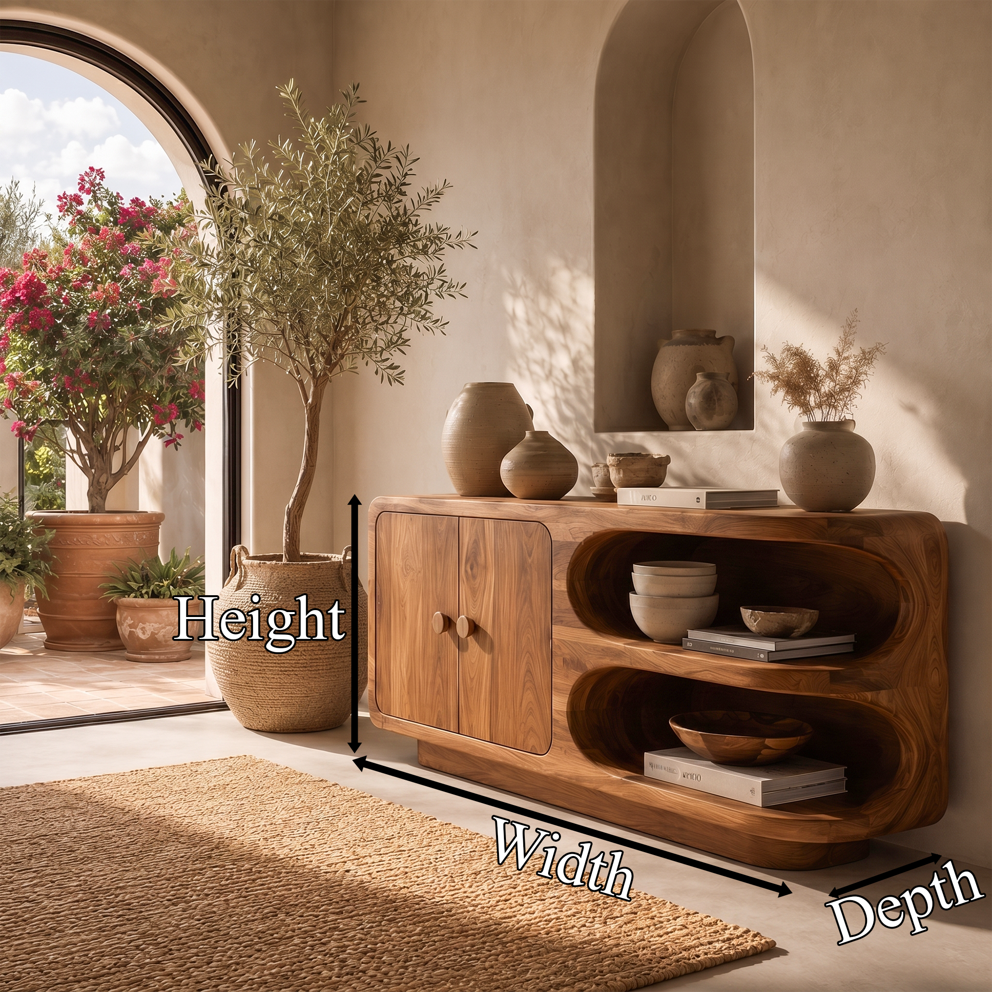 Organic Sideboard With Rounded Solid Wood Frame And Open Display Shelves For Living Room SINLKISC526