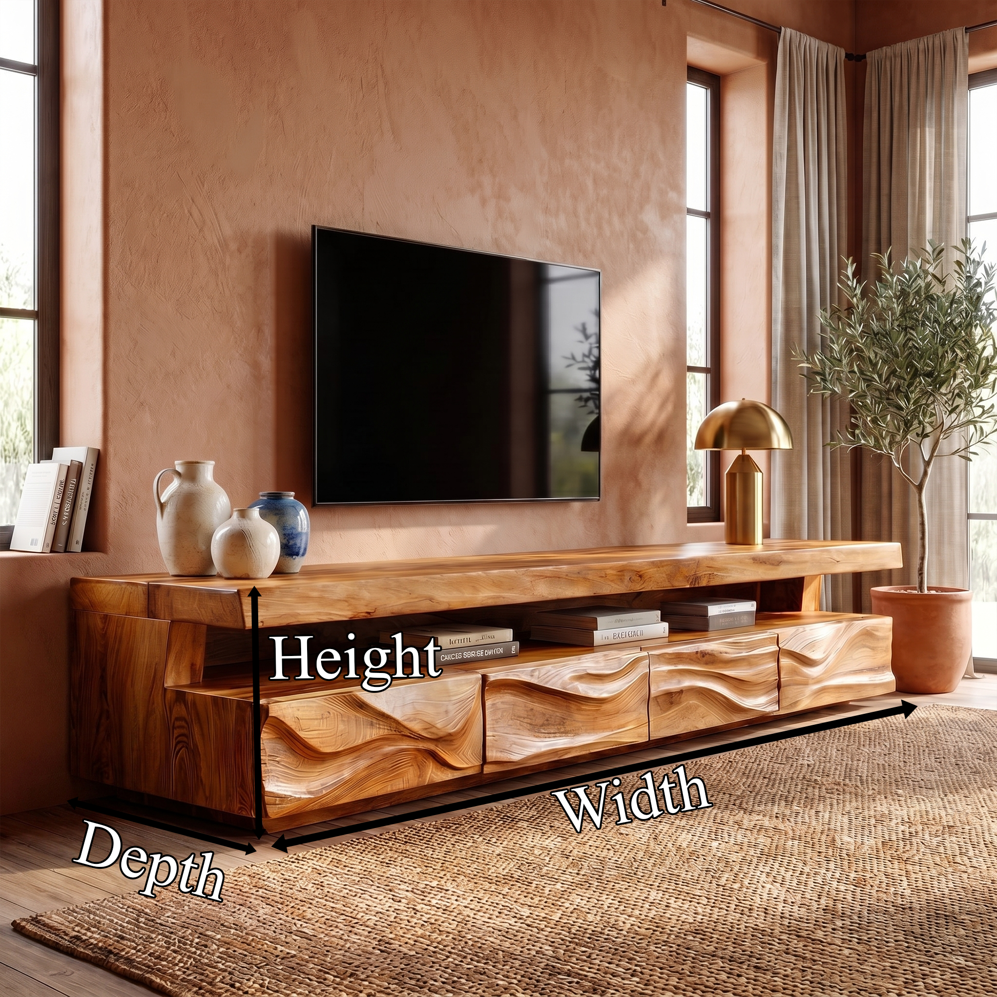 Modern TV Stand With Hand Carved Solid Wood Front And Media Storage For Living Room SINLKITC049