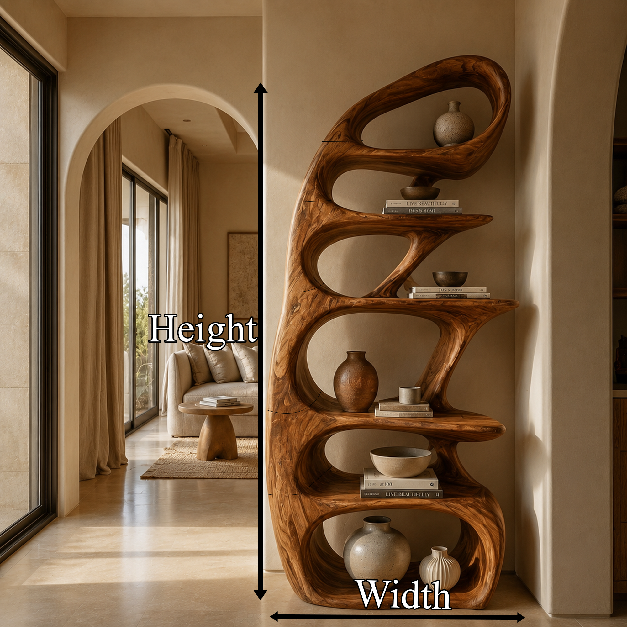 Sculptural Bookshelf With Tree Inspired Curved Shelves And Solid Wood Frame For Living Room SINLKIBS033