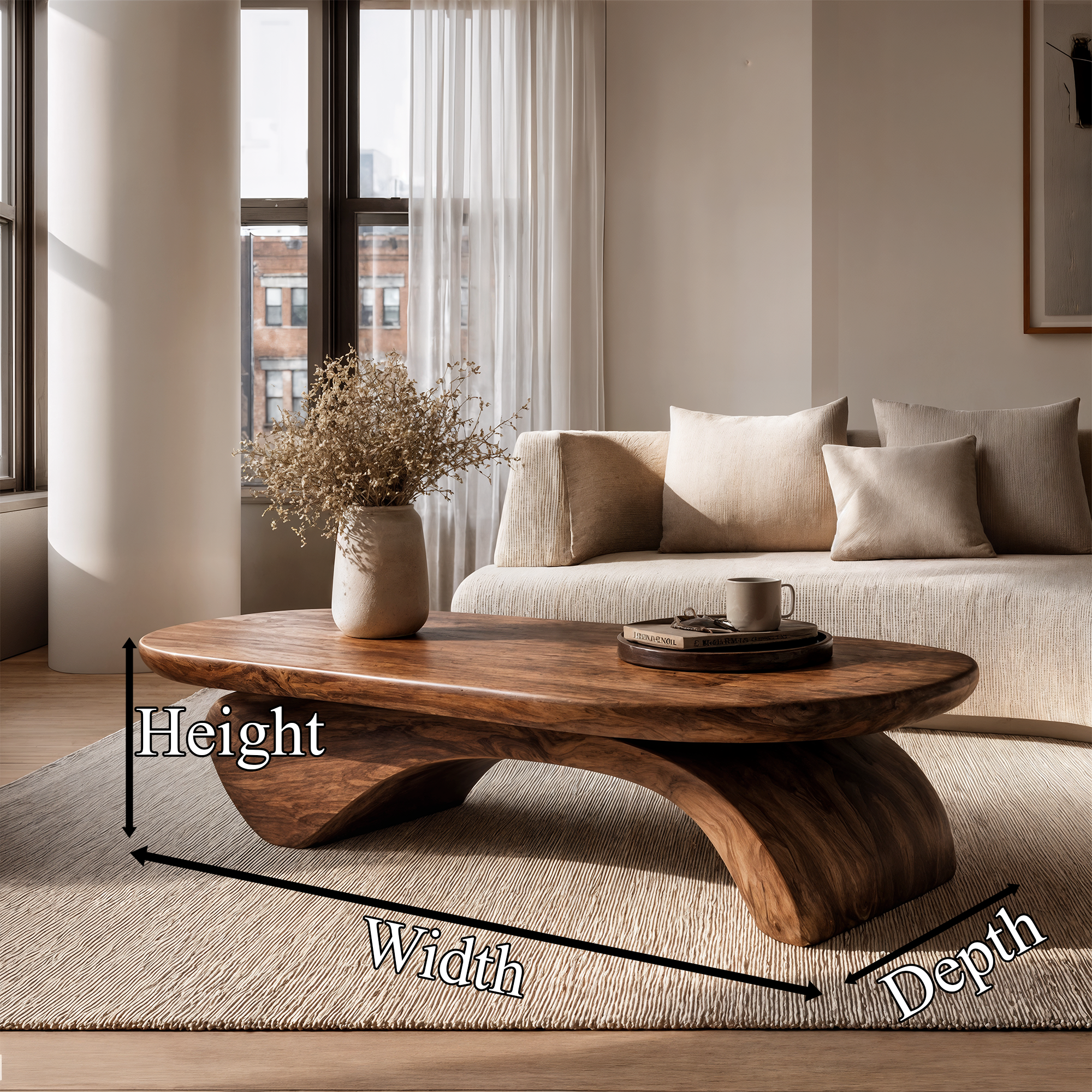Rustic Live Edge Coffee Table With Artistic Curved Wood Pedestal For Living Room SINLKICF374
