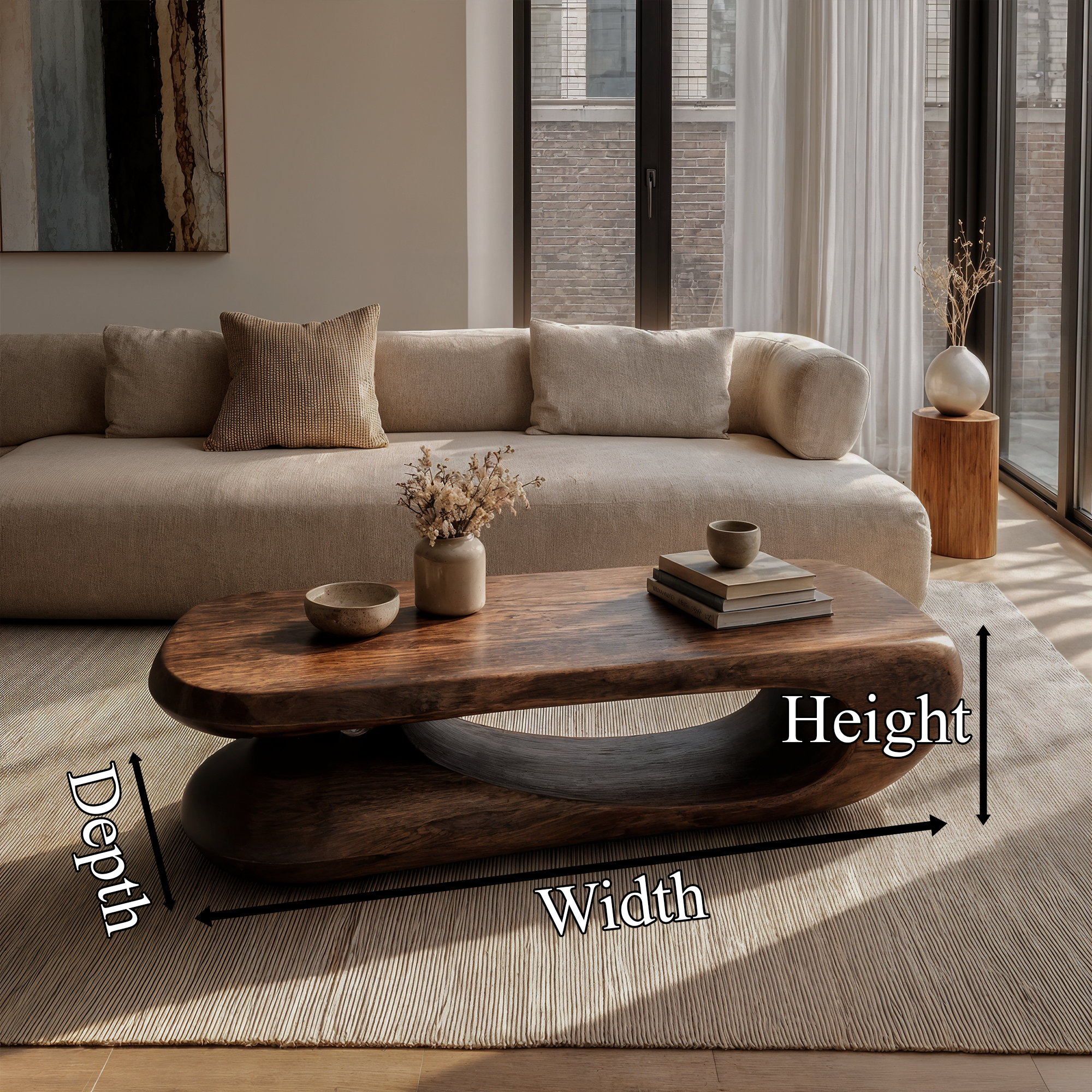 Organic Coffee Table With Flowing Monolithic Wood Form For Living Room SINLKICF375