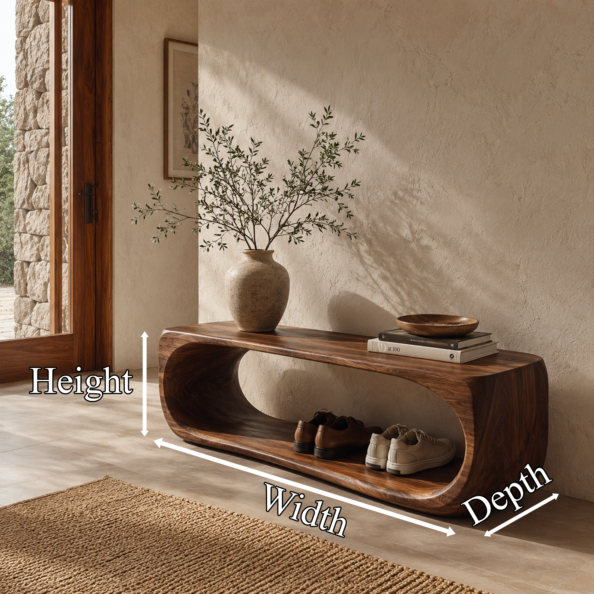 Organic Bench With Sculptural Curved Base And Open Storage Shelf For Entryway SINLKIRS114