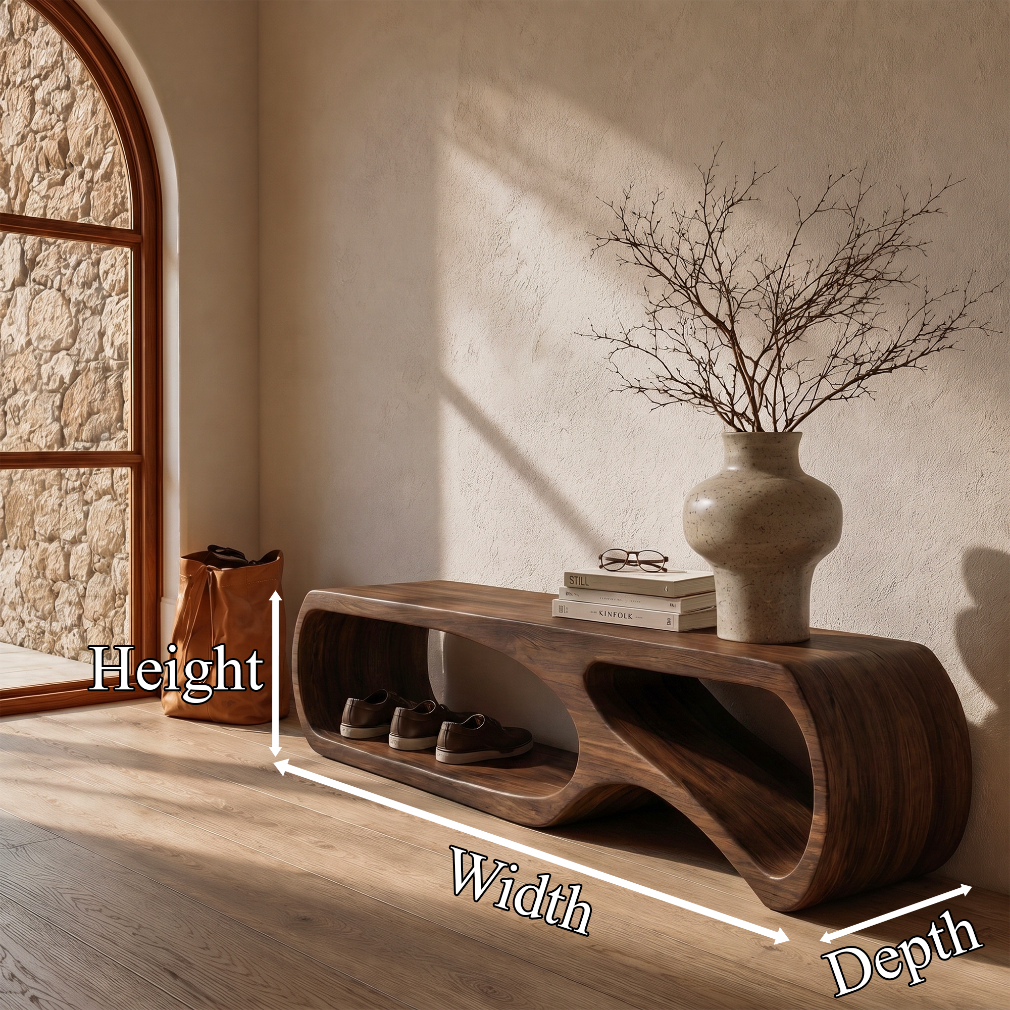 Sculptural Bench With Curved Open Storage Base For Entryway SINLKIRS115