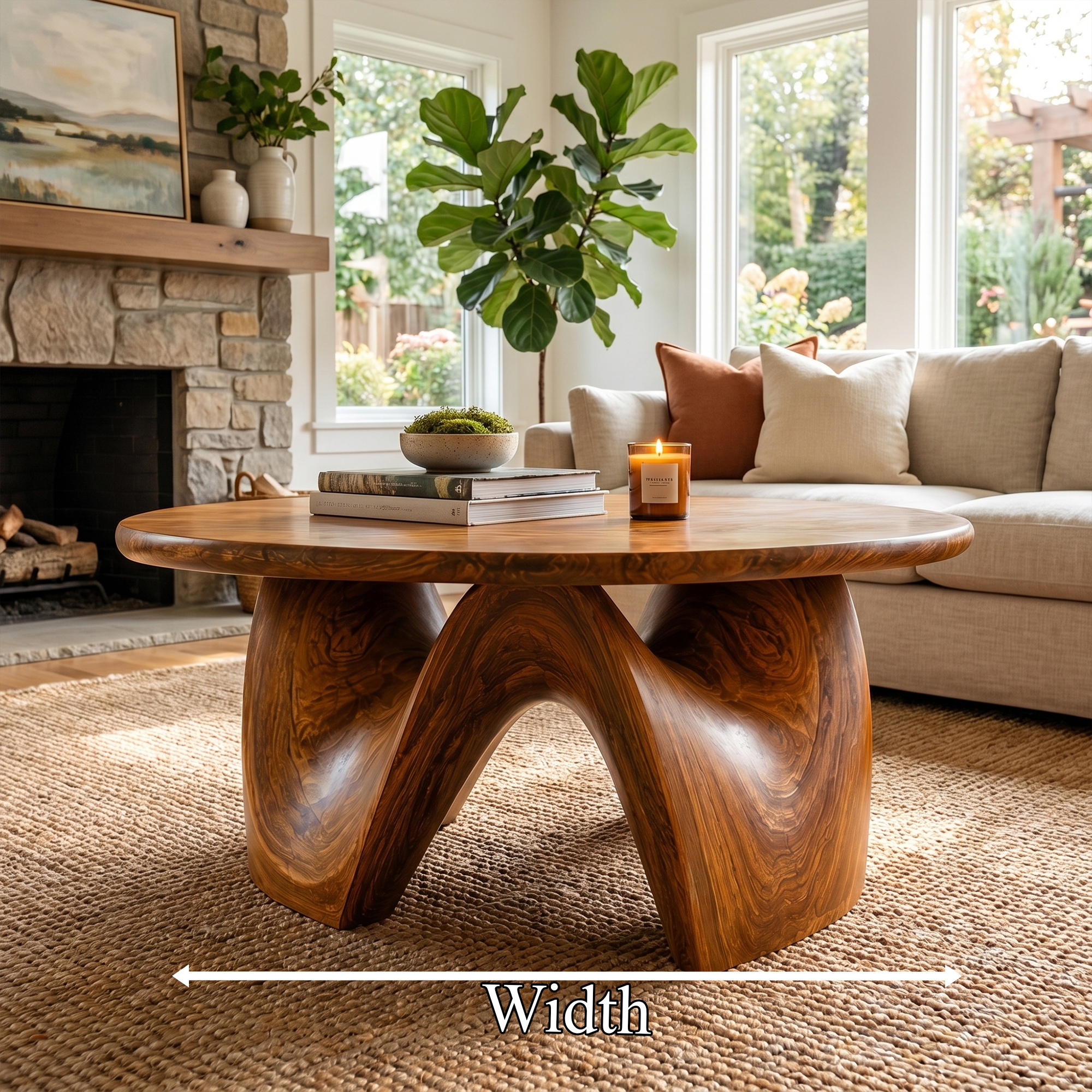 Rustic Coffee Table With Sculptural Solid Wood Base And Round Live Edge Top For Living Room SINLKICF381
