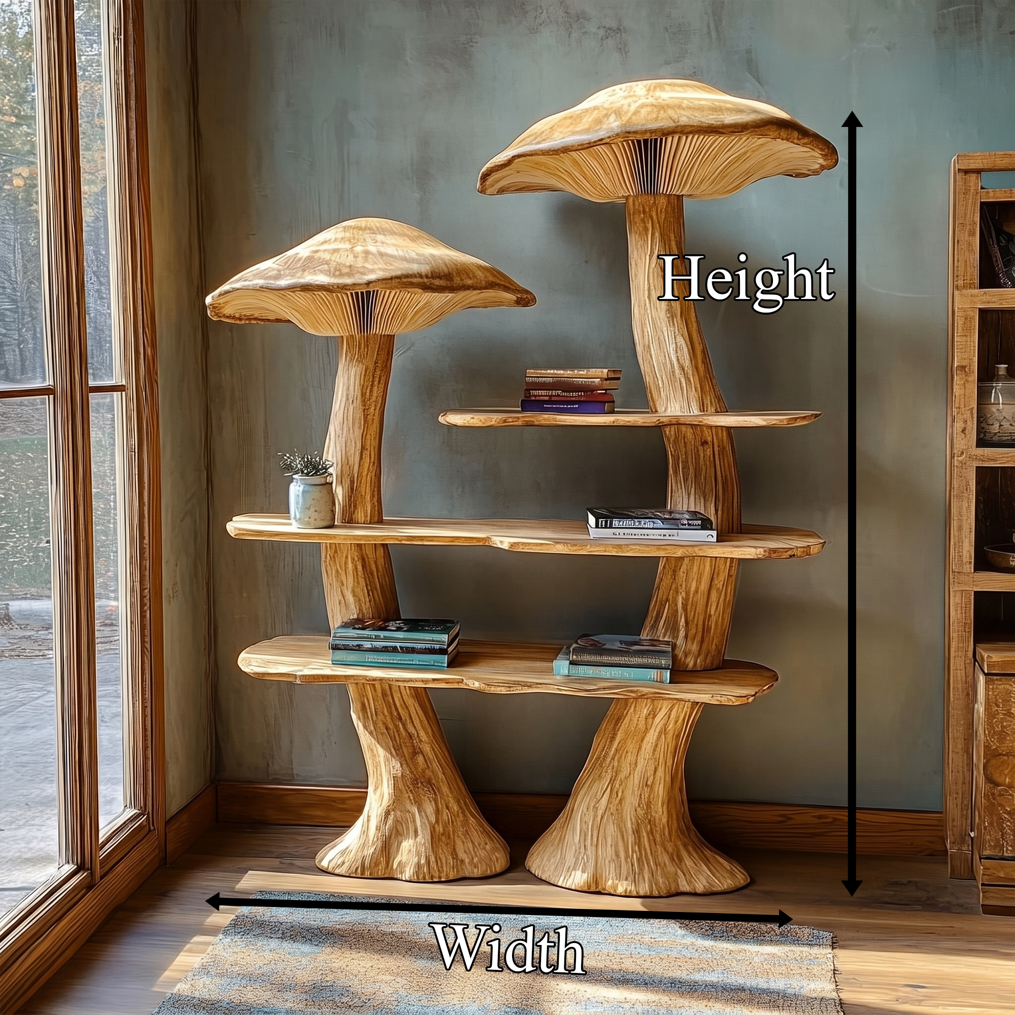 Rustic Mushroom Bookshelf With Tree Trunk Base And Solid Wood Shelves For Living Room SINLKITB748