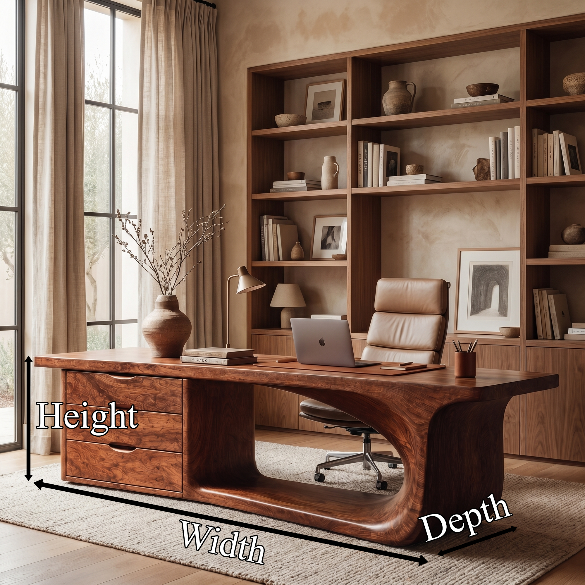 Rustic Executive Desk With Sculptural Solid Wood Base And Integrated Storage For Home Office SINLKIDK117