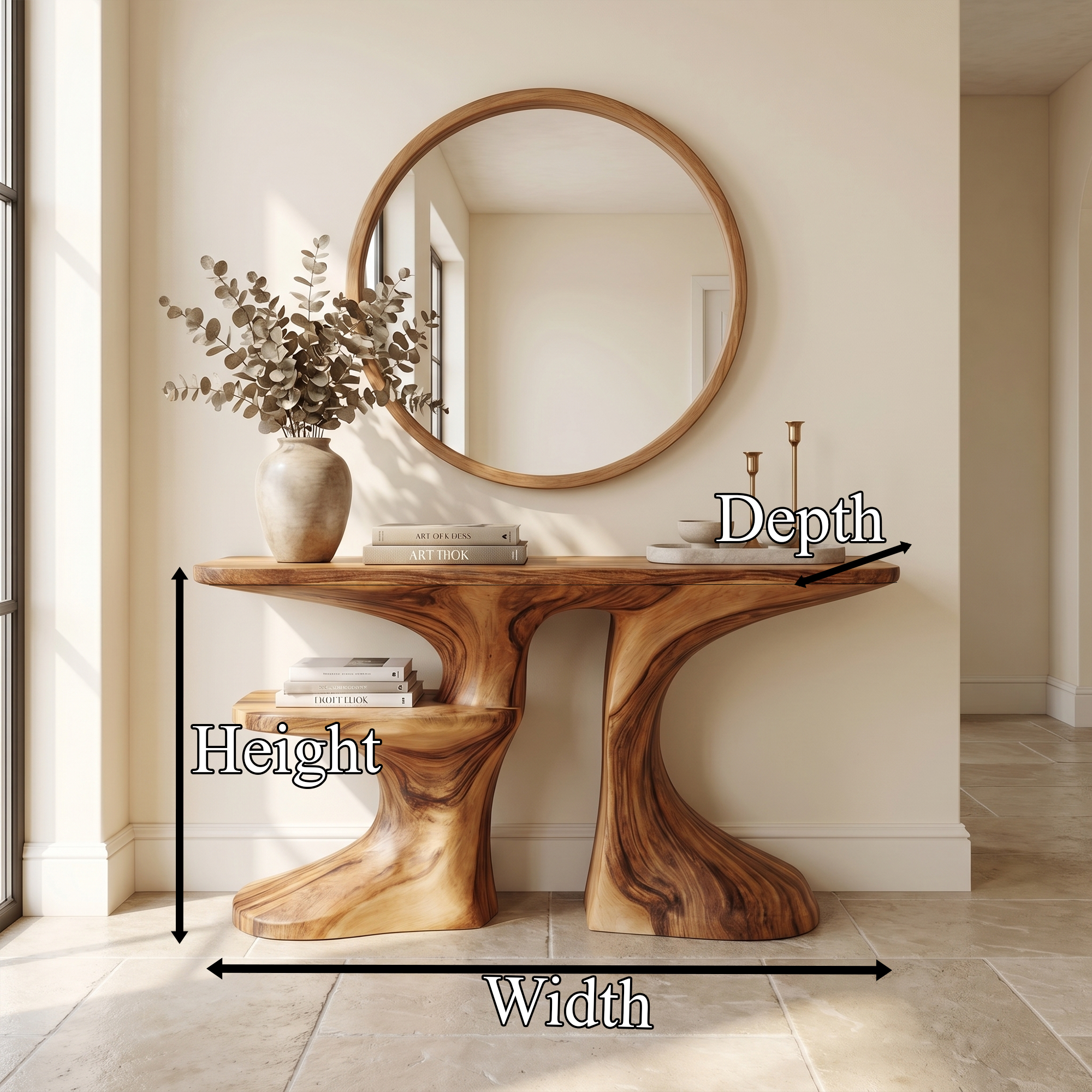 Organic Console Table With Live Edge Countertop And Sculptural Solid Wood Base For Entryway SINLKICS604