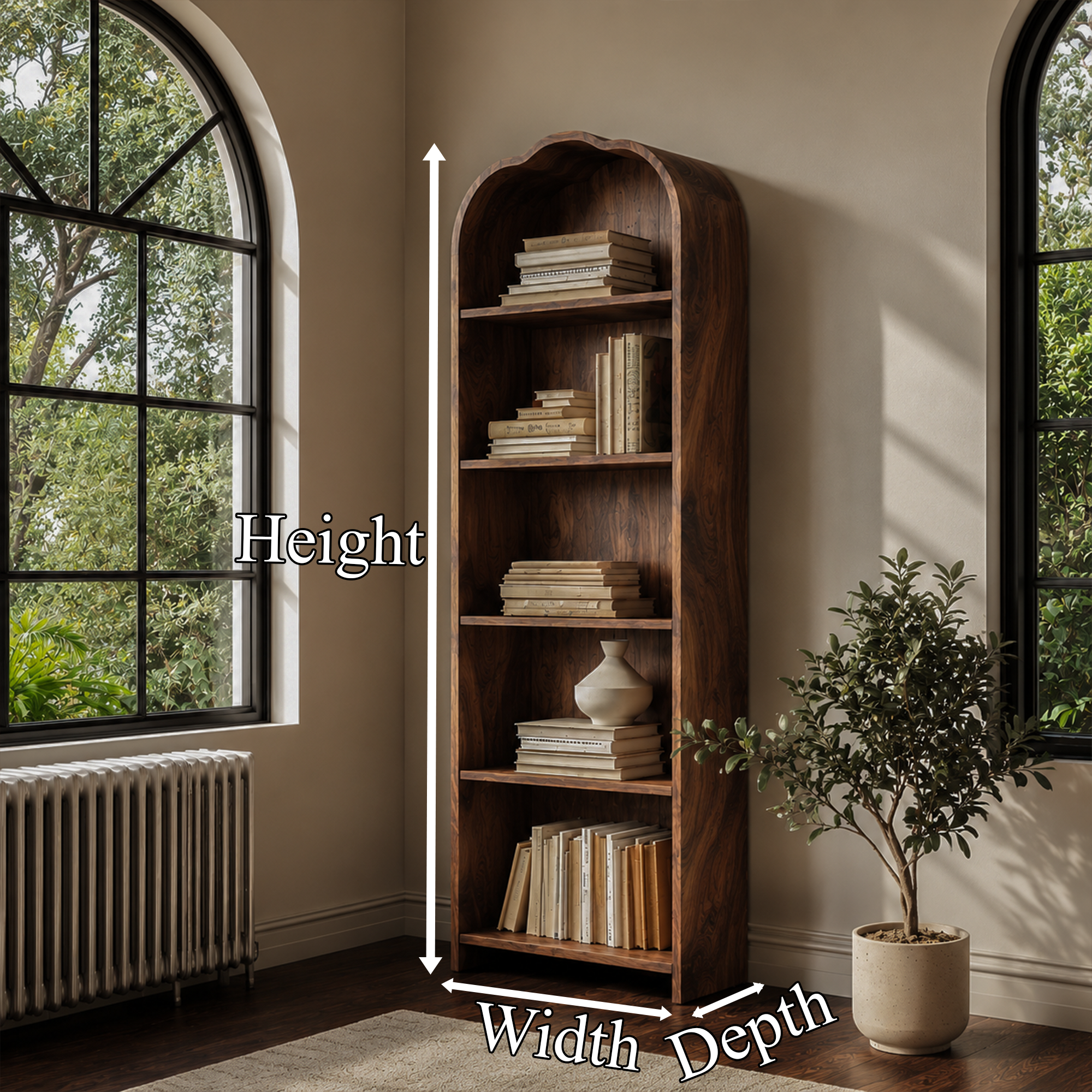 Rustic Arched Bookshelf With Solid Wood Frame And Open Display Shelves For Living Room SINLKIBS034