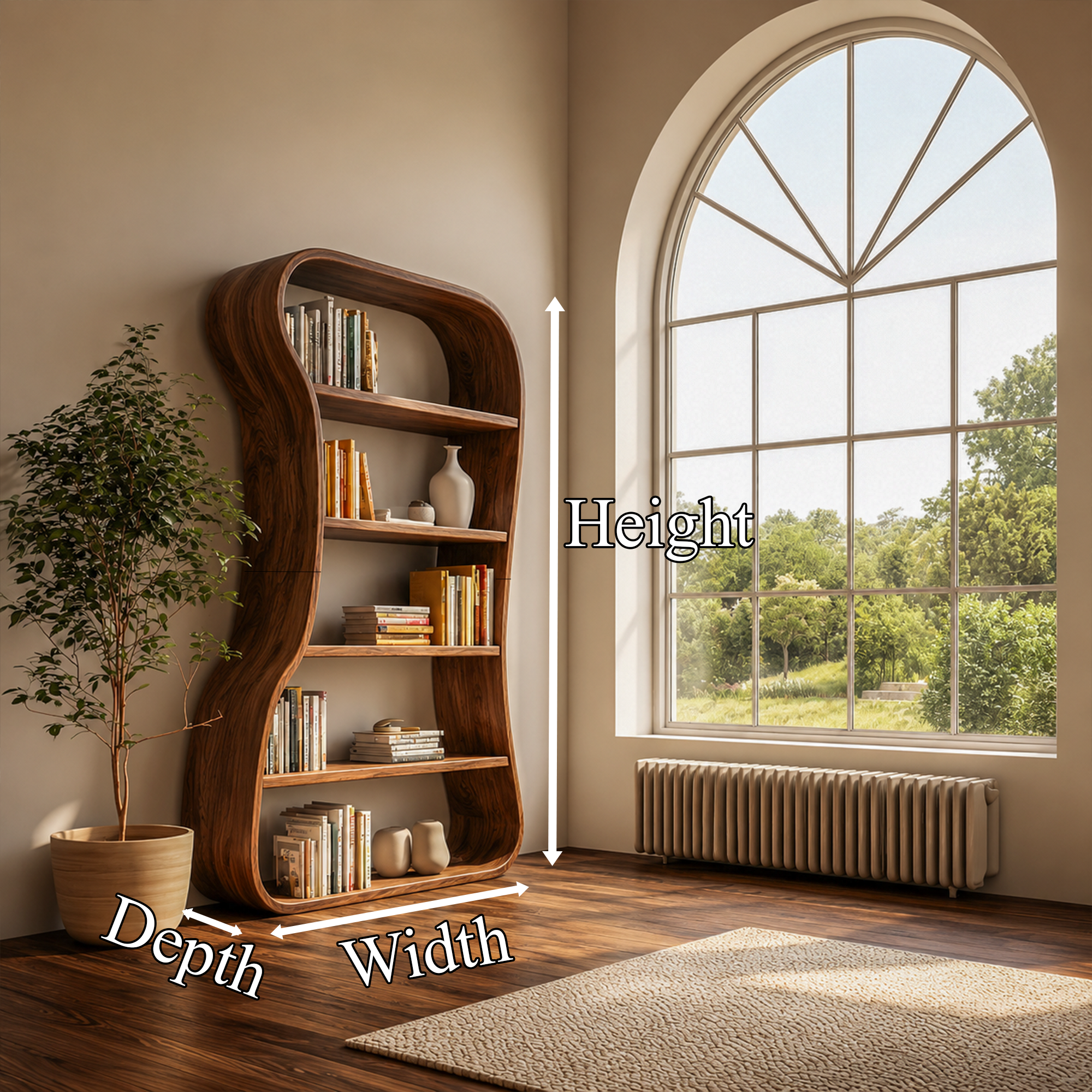 Organic Bookshelf With Sculptural Curved Solid Wood Shelves For Living Room SINLKIBS035