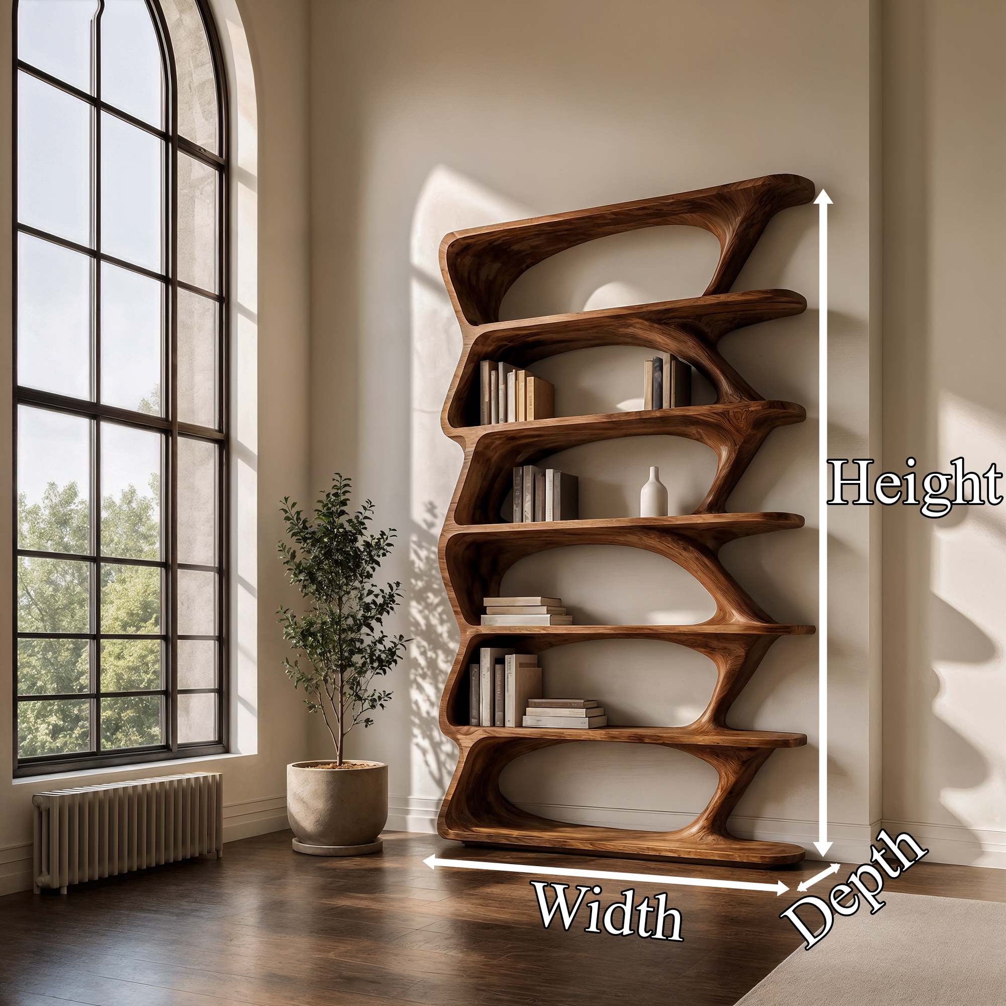Modern Organic Bookshelf With Sculptural Asymmetrical Shelves And Solid Wood Frame For Living Room SINLKIBS038