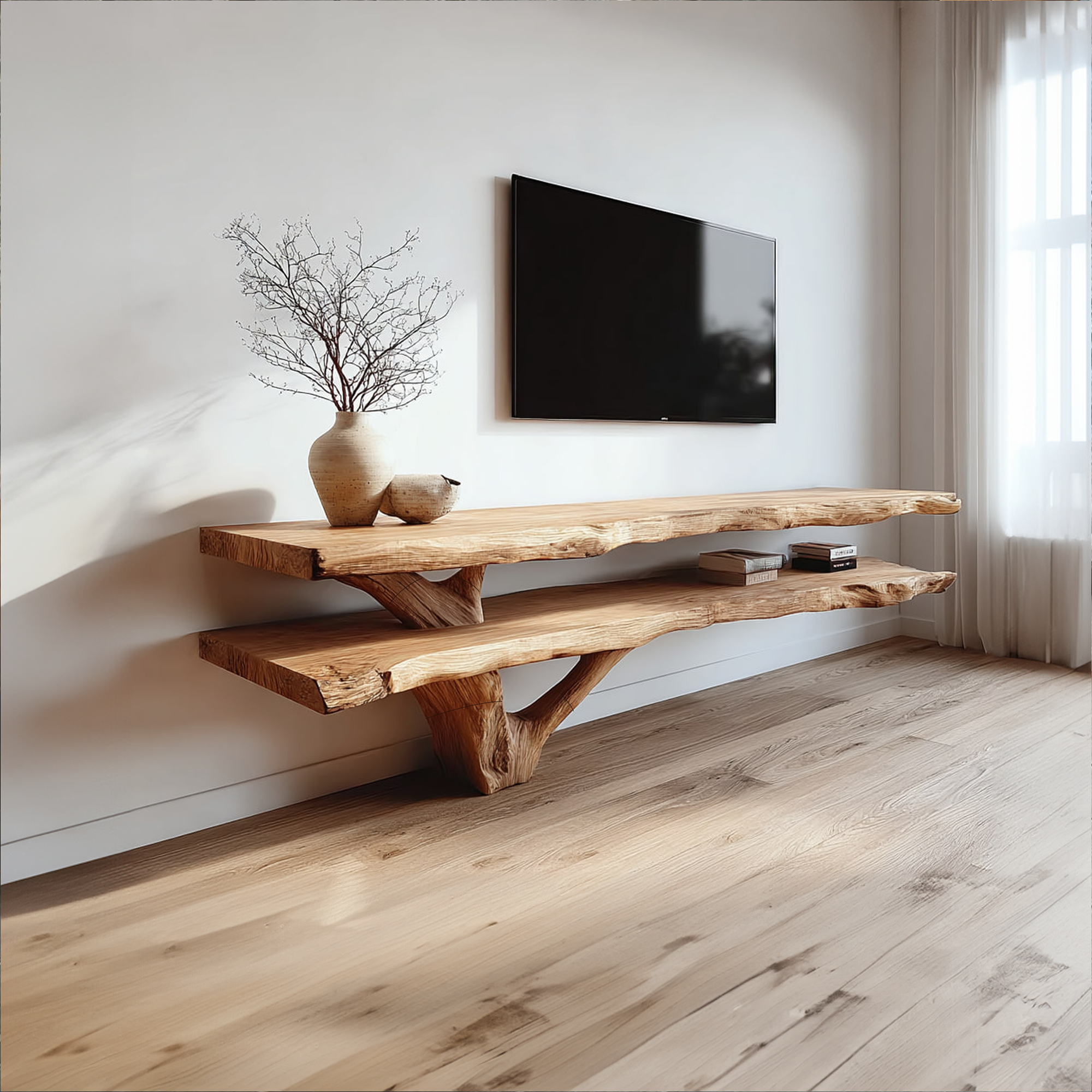 Rustic TV Console Table Live Edge Double Shelf Living Room SINLKICS310