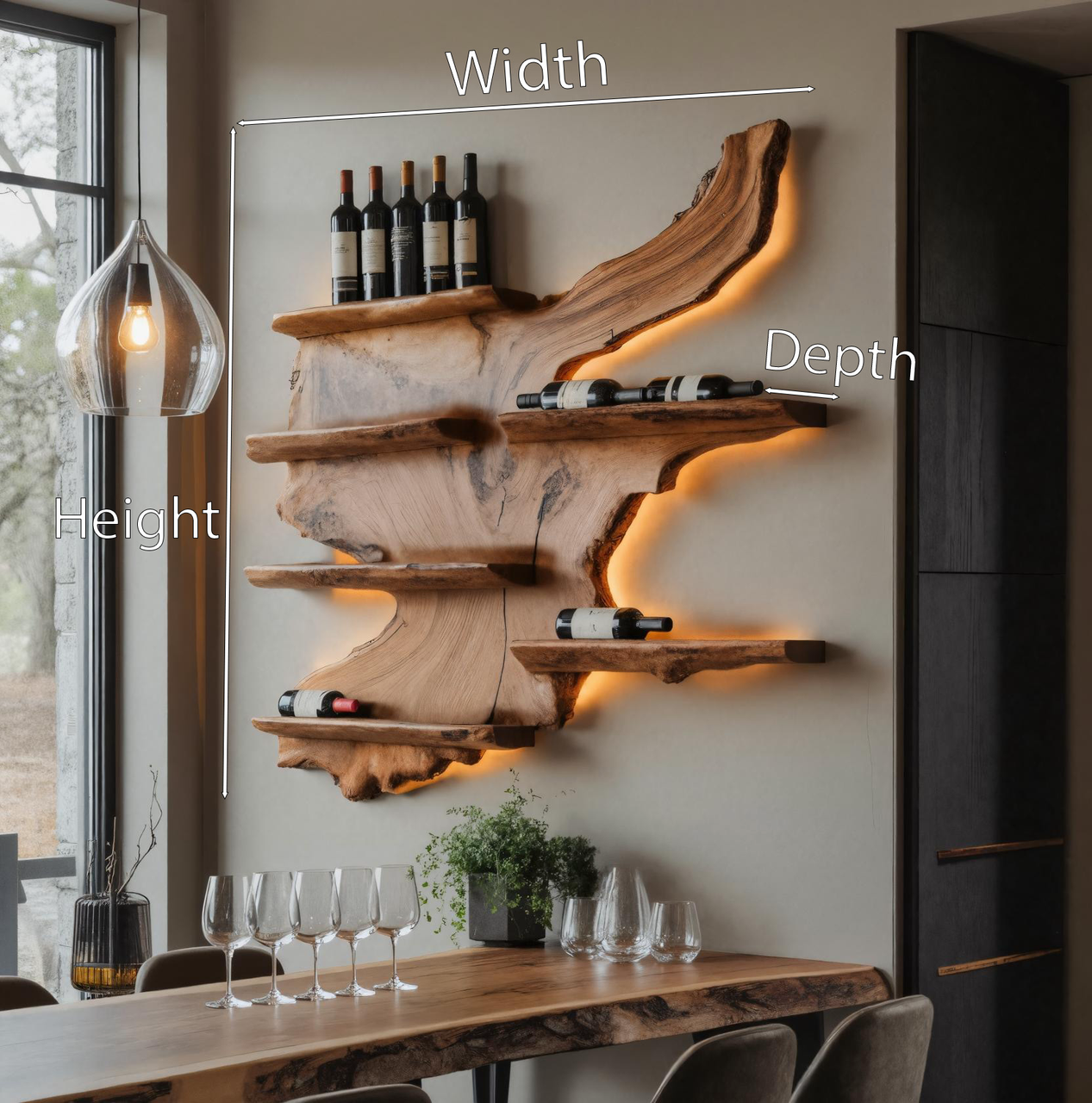 Rustic Live Edge Wine Rack Shelf With LED For Bar SITHHNFL015