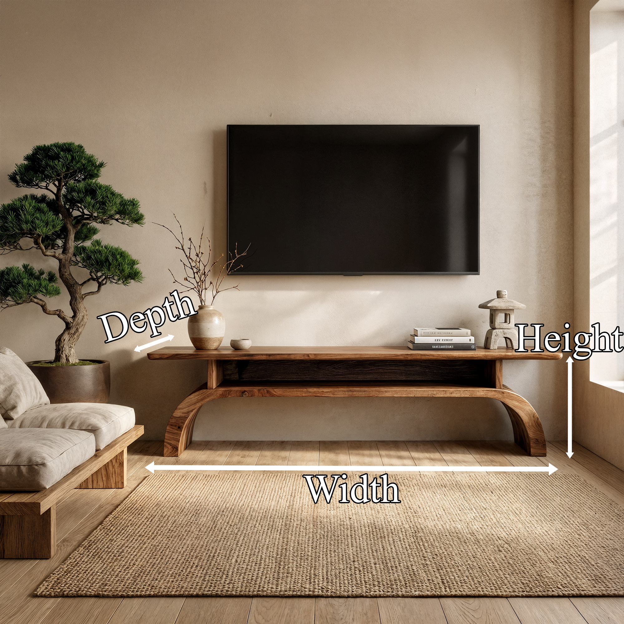 Rustic Solid Wood TV Stand Low Profile Curved Base Living Room SINLKITS008