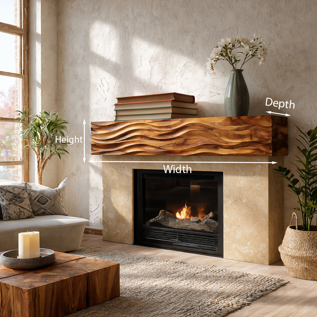 Rustic Wooden Fireplace Shelf With Wave Carved For Living Room RTTHTTFS015