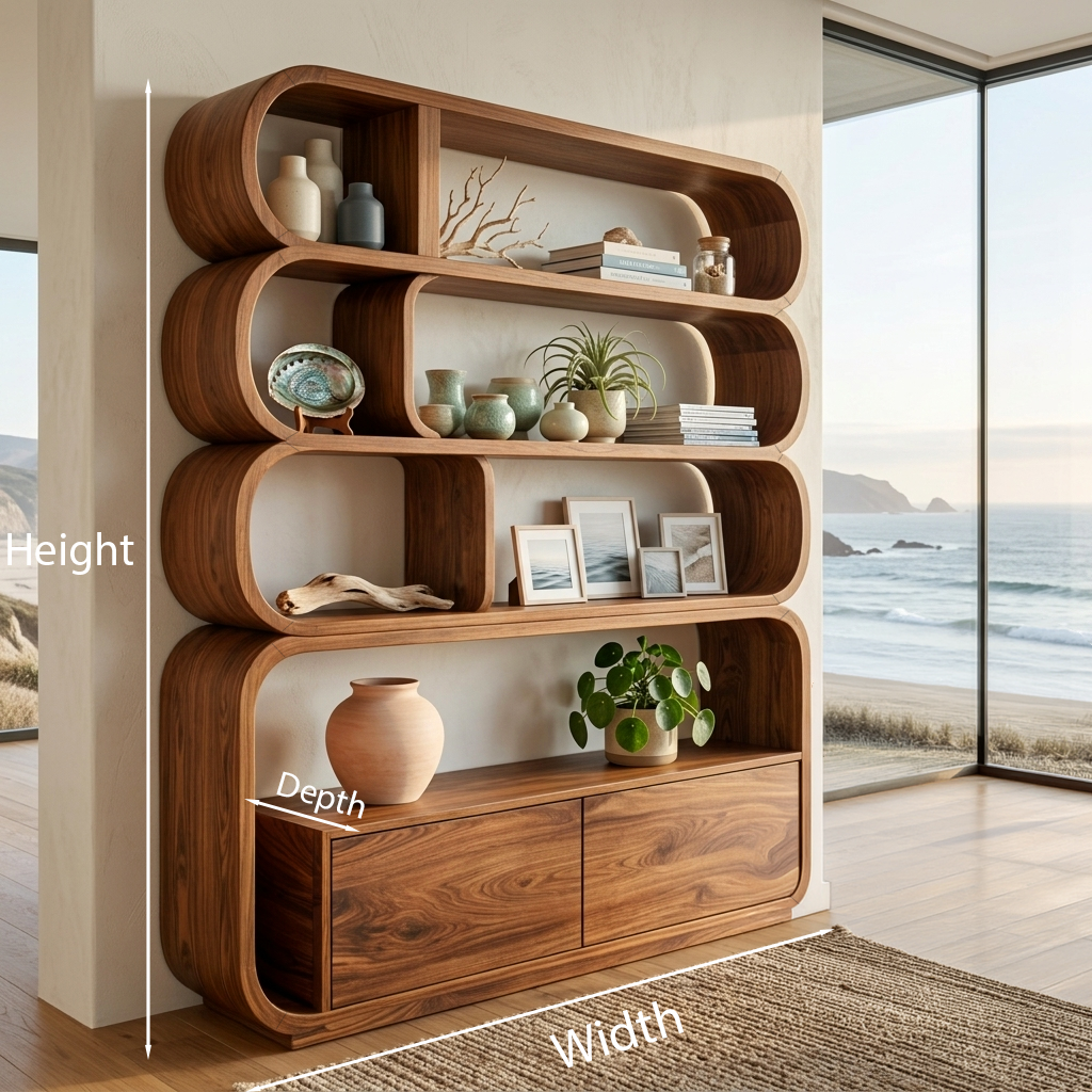 Modern Natural Wood Bookshelf With Curved Structure For Living Room RTTHTTBS117