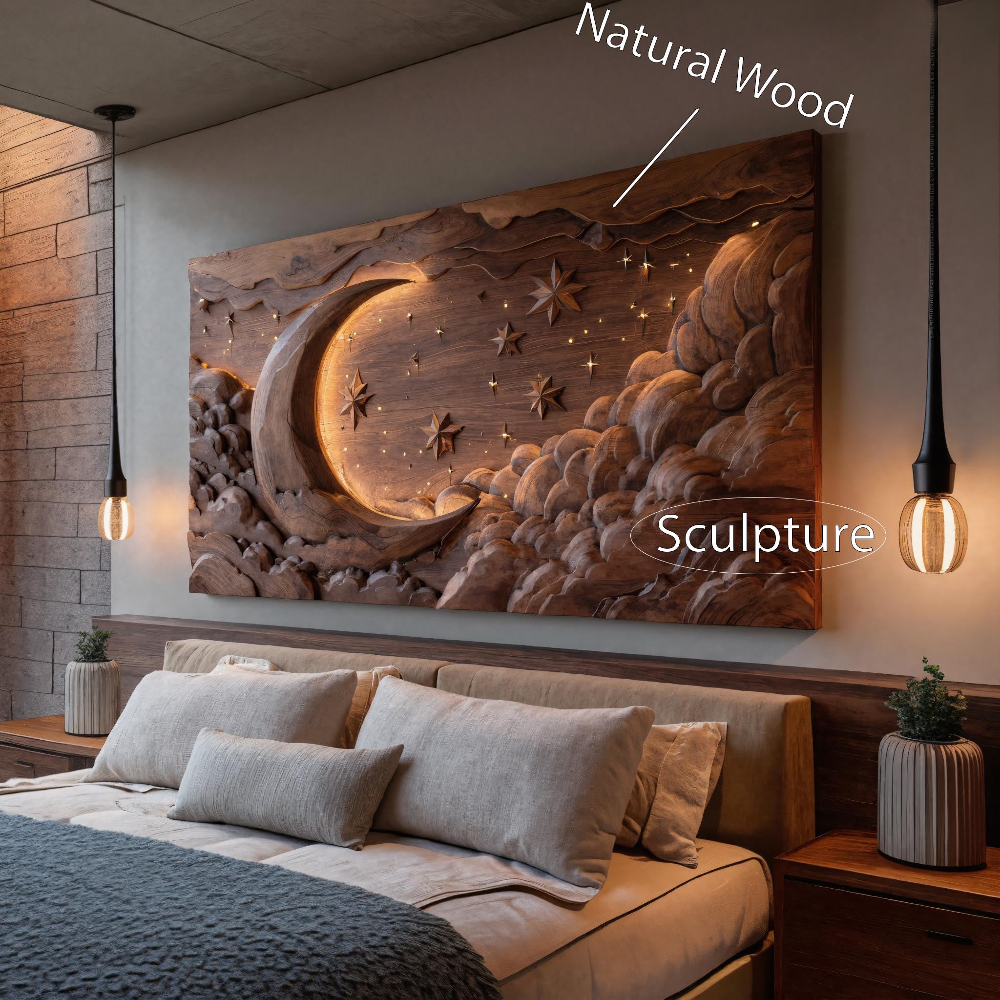 Hand Carved Wall Art Moon And Stars Panel With LED For Bedroom SITHHNWA017