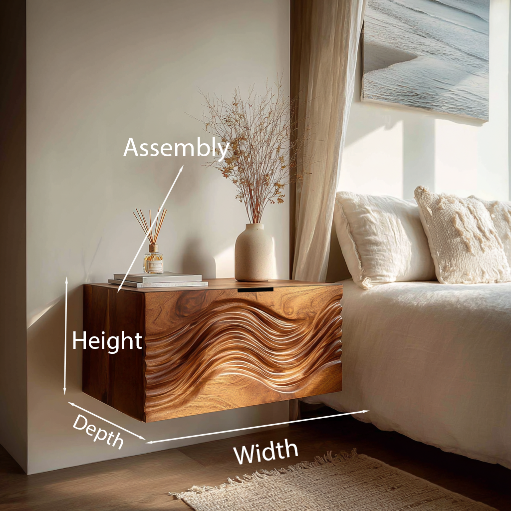 Modern Wooden Floating Nightstand With Wave Carved Front For Bedroom RTTHTTNS027