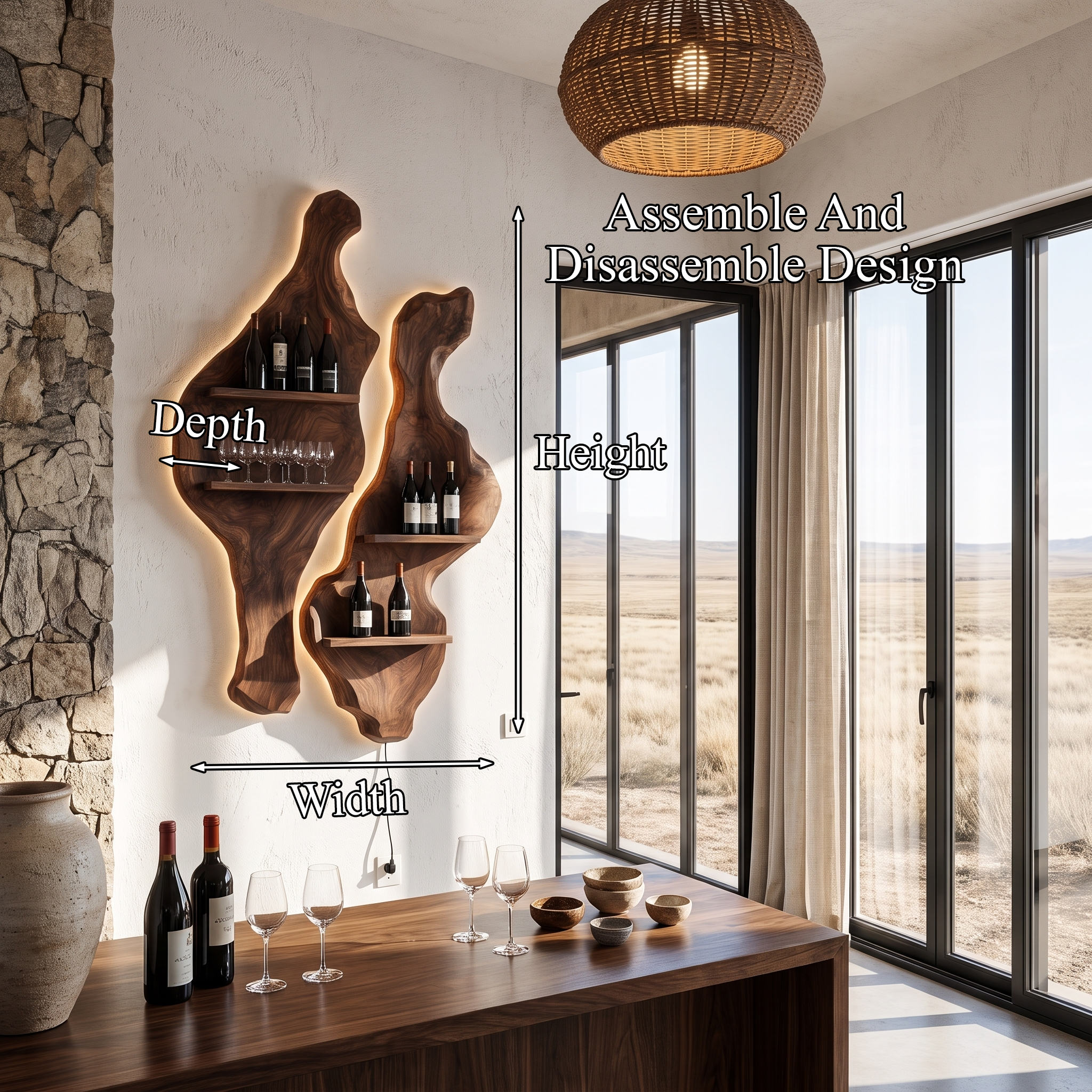 Rustic Sculptural Wine Holder Wall Mounted Bottle Storage SINLHAWH039