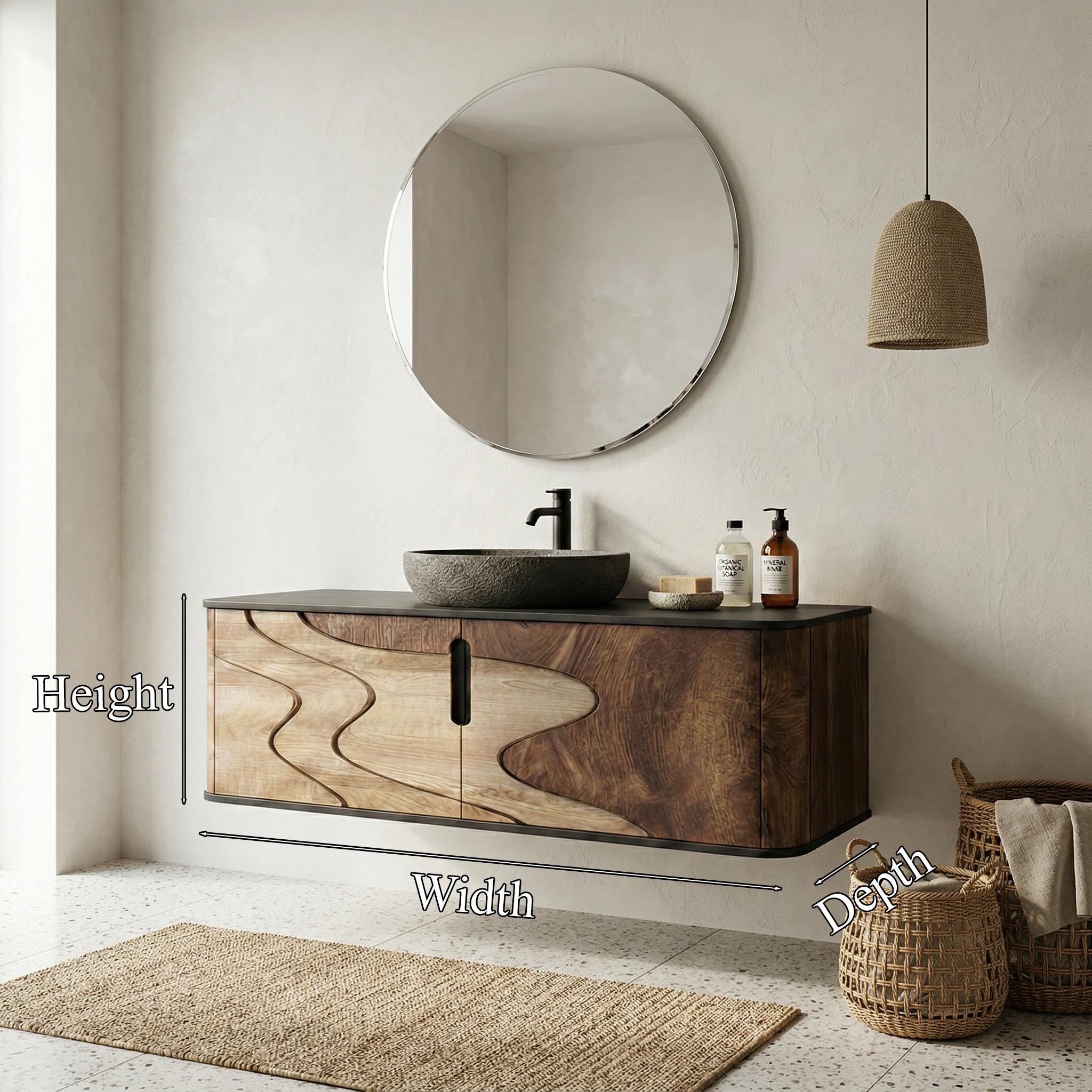 Organic Flow Bathroom Vanity Solid Wood Curved Front Storage Bathroom SINLHABCT018