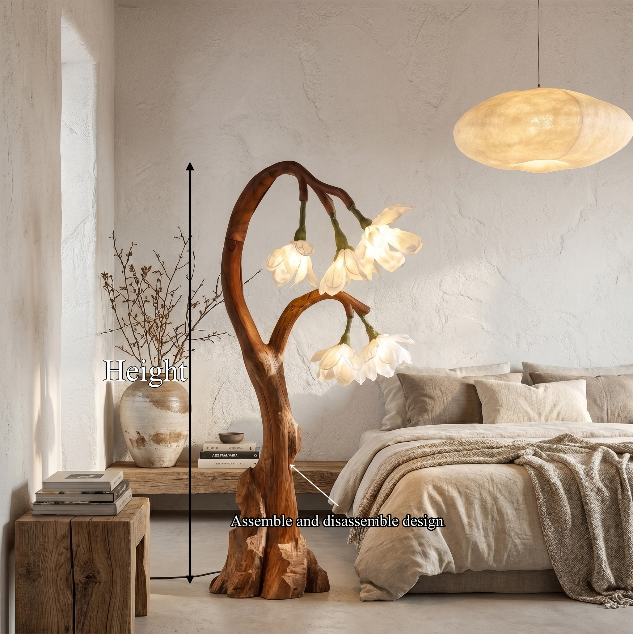 Artistic Floral Floor Lamp With Natural Wood Base For Living Room And Bedroom SINLSAFLP077