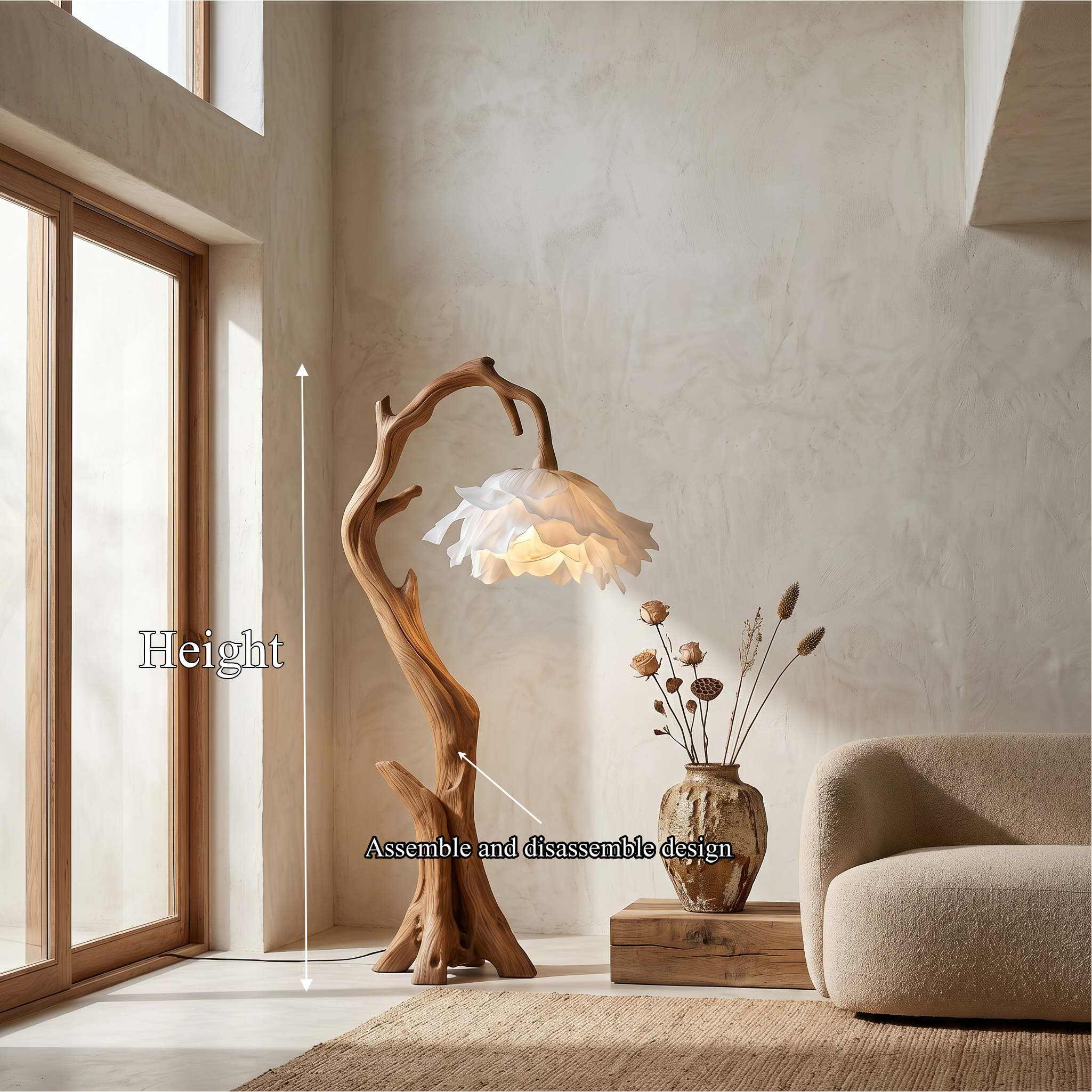 Nature Inspired Flower Floor Lamp With Solid Wood Base For Living Room And Bedroom SINLSAFLP081