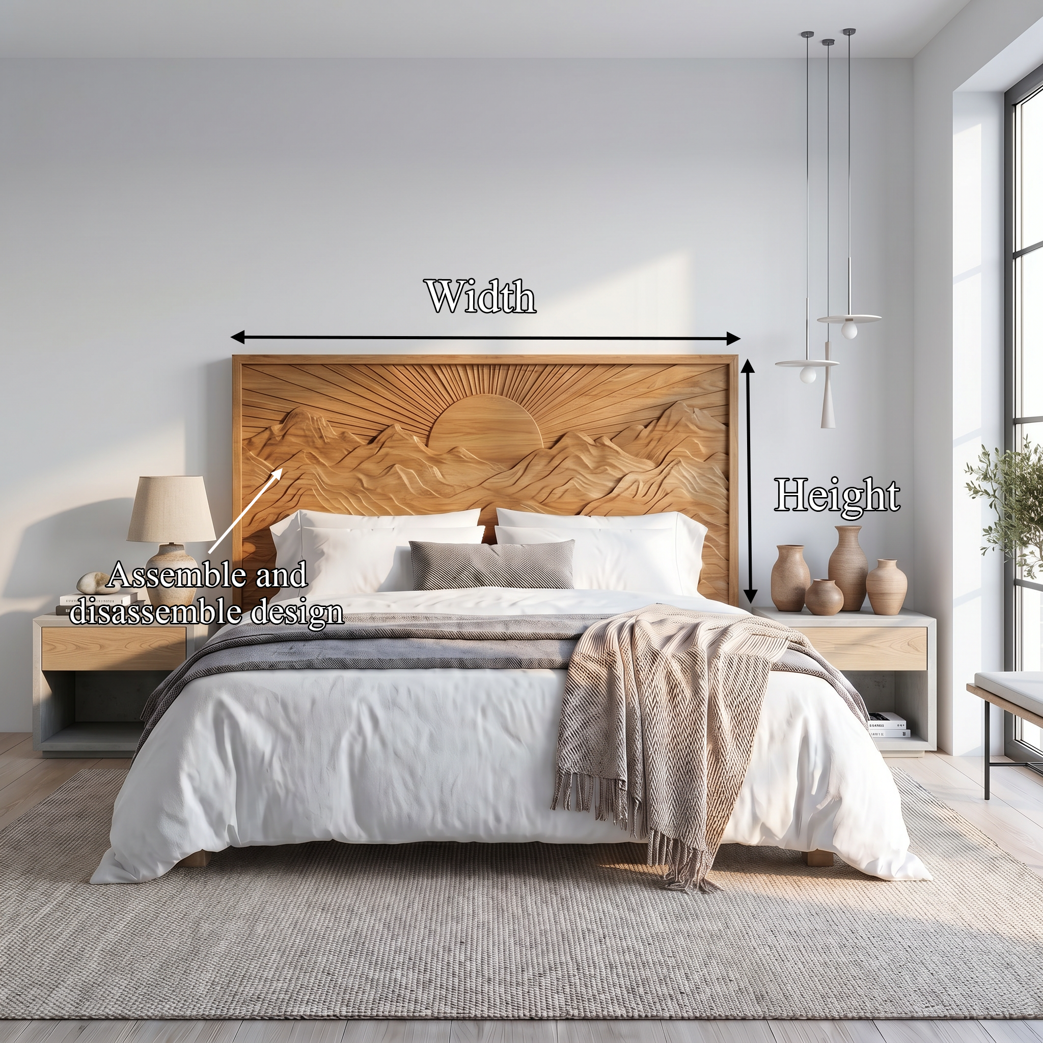 Mid Century Sunrise Headboard Wooden Bed Headboard For Bedroom SINLSAHB054