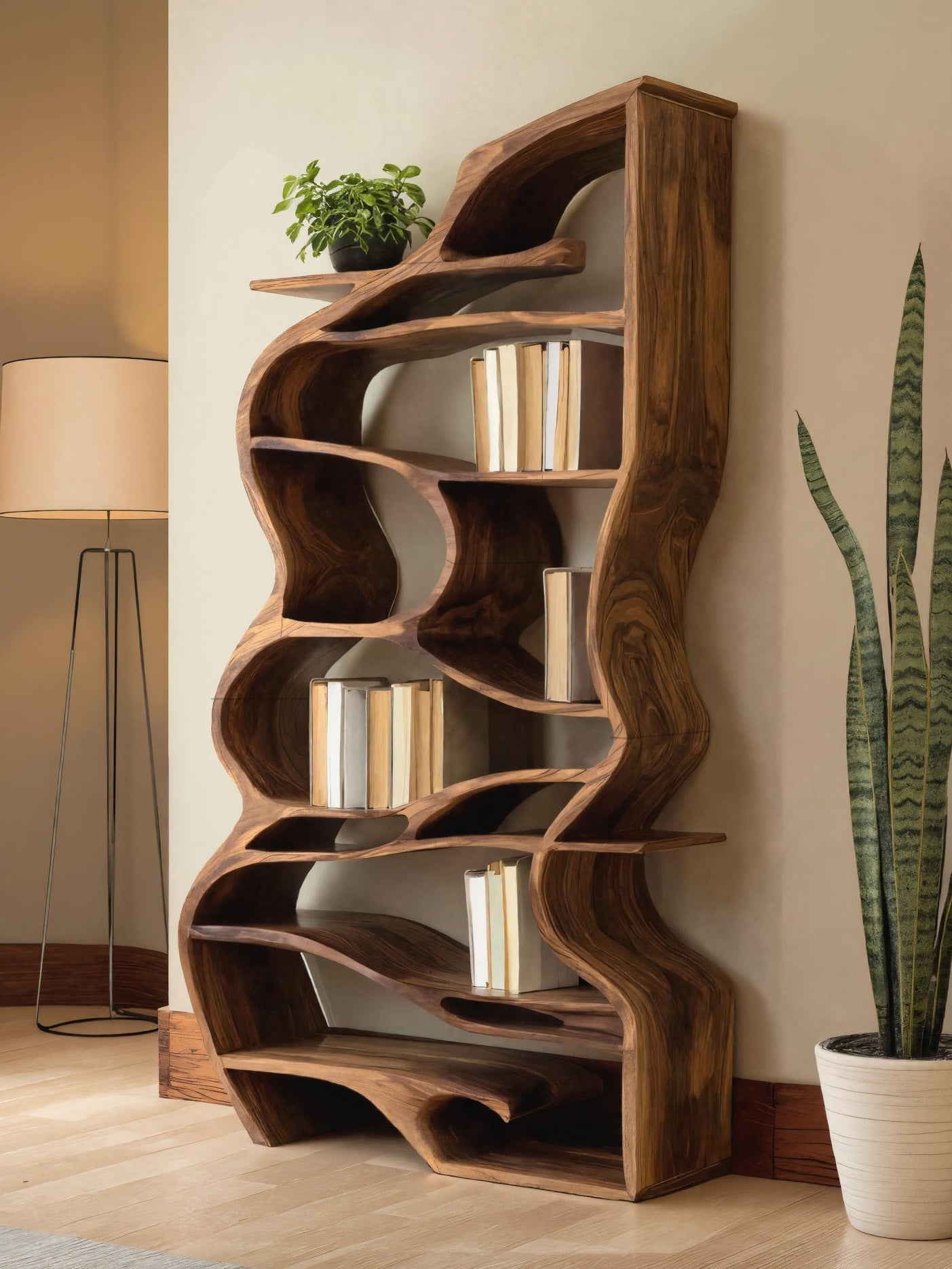Handcrafted Sculpted Bookshelf With Organic Design For Living Room Or Office SITHHNBS031
