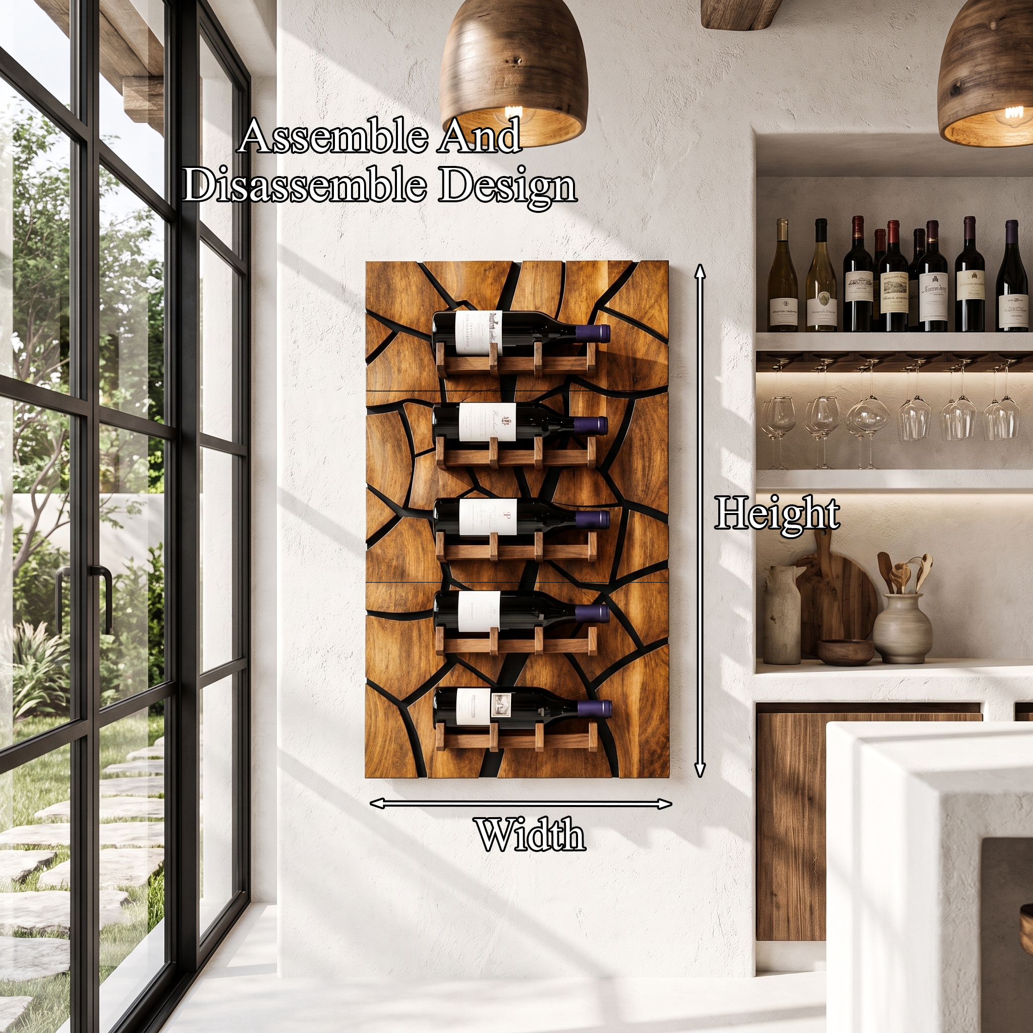 Rustic Wall Mounted Wine Holder With Geometric Bottle Display For Dining Room SINLHAWH046