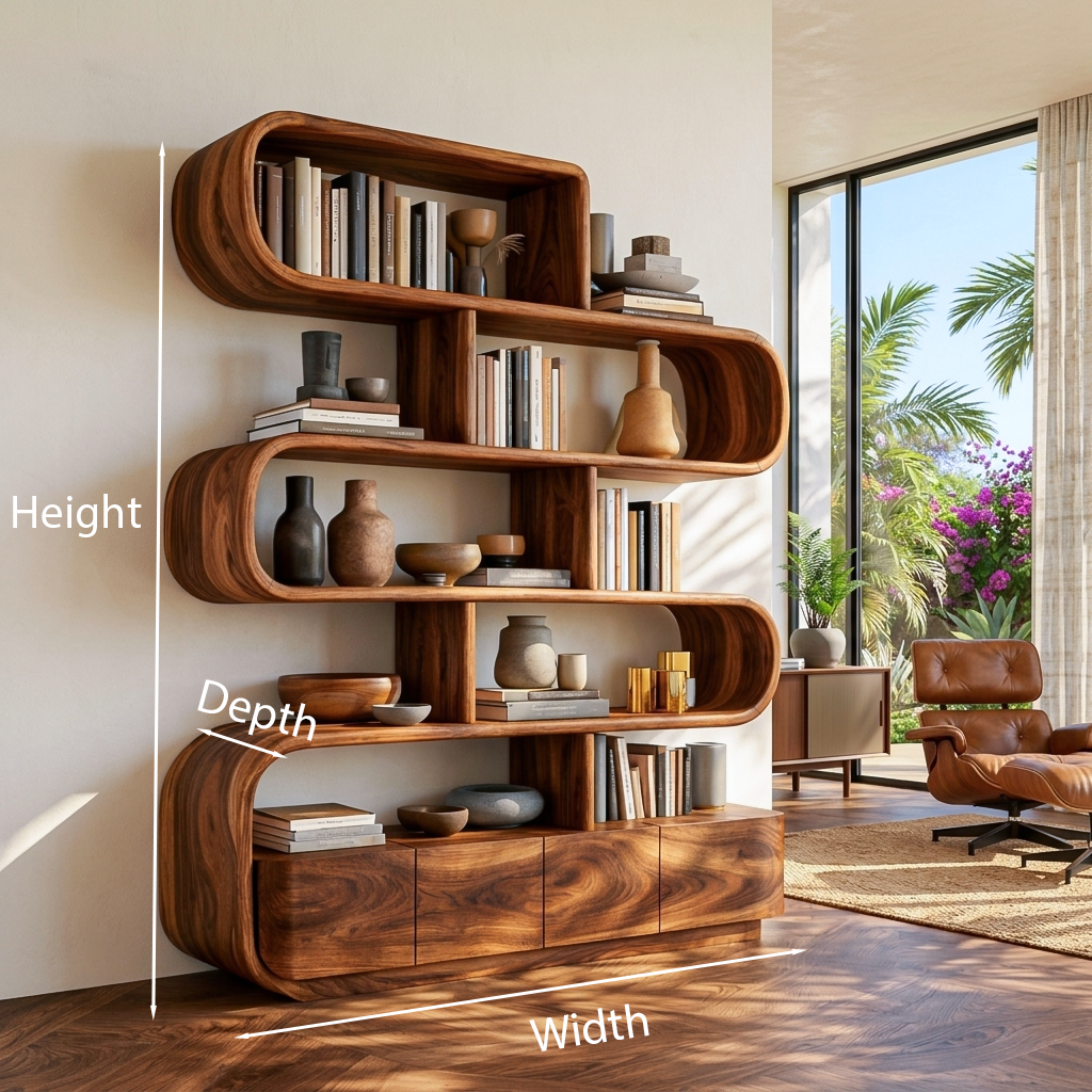 Organic Wooden Bookshelf With Flowing Form For Home Interior RTTHTTBS116