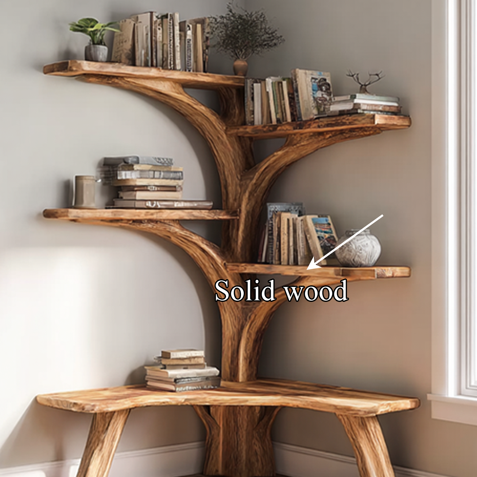 Rustic Tree Corner Bookshelf Bench Living Room SINLSATB229
