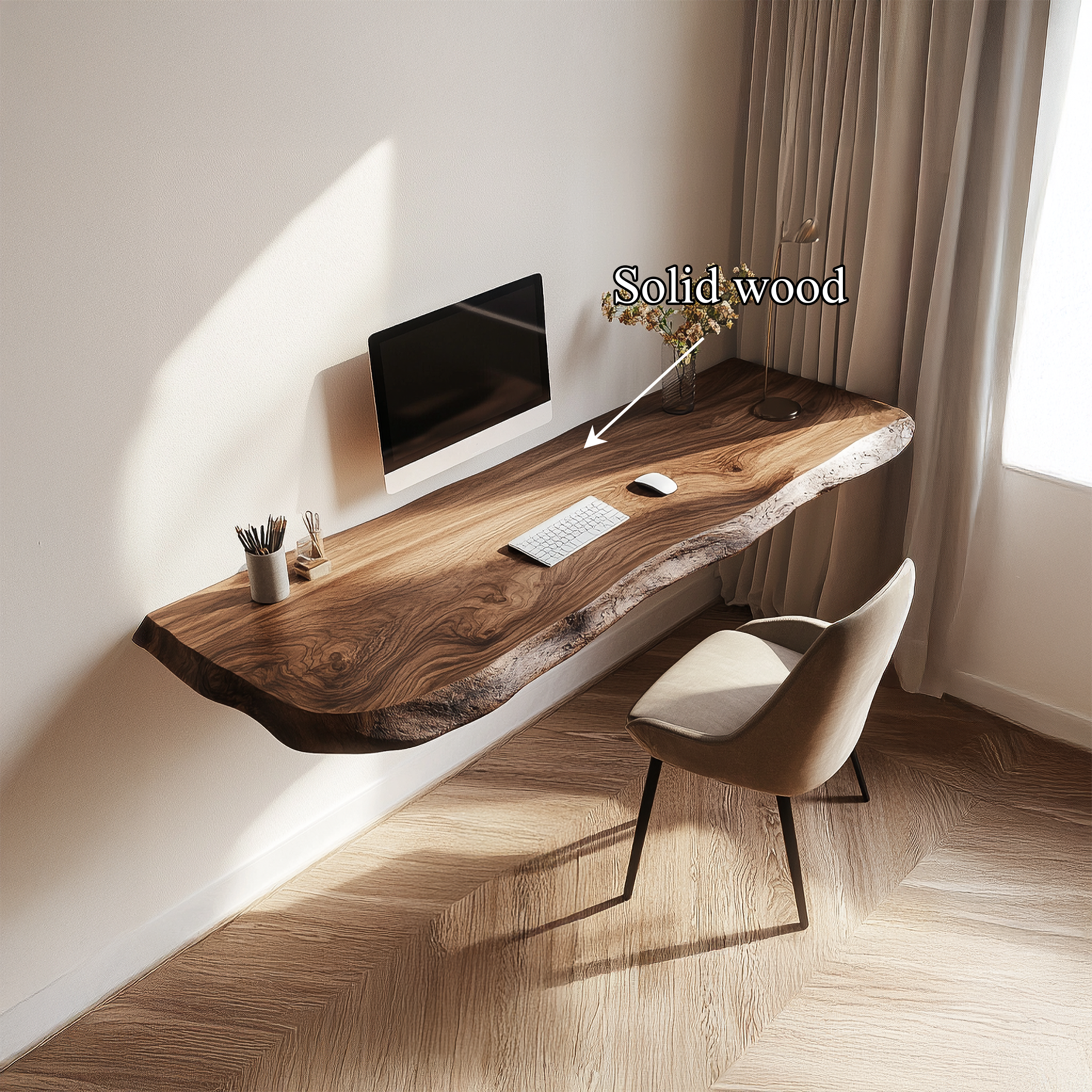 Rustic Live Edge Floating Desk Solid Wood Home Office Interior Wall Mounted SINLSAFL429