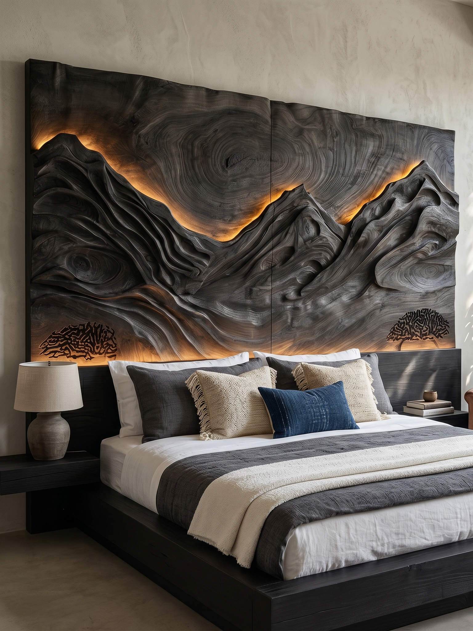 Modern Mountain Relief Wood Headboard For Marble Accent Bedroom SILDTTRHB015