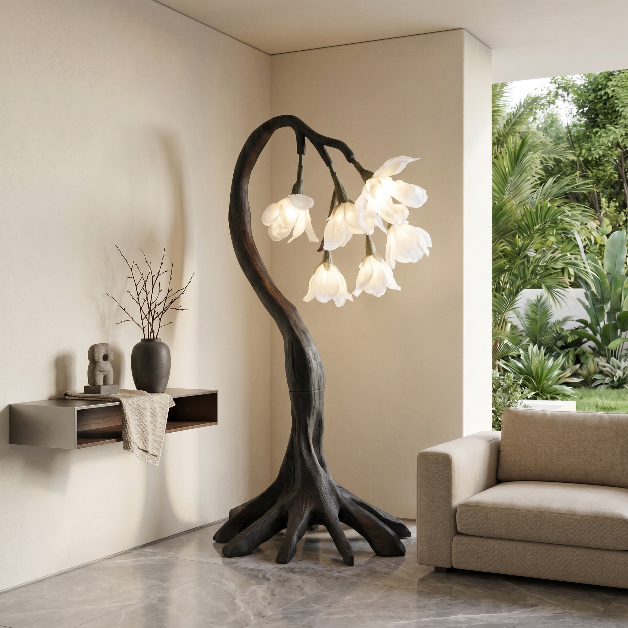 Flower Petal Floor Lamp With Solid Wood Base For Living Room And Bedroom SINLSAFLP073