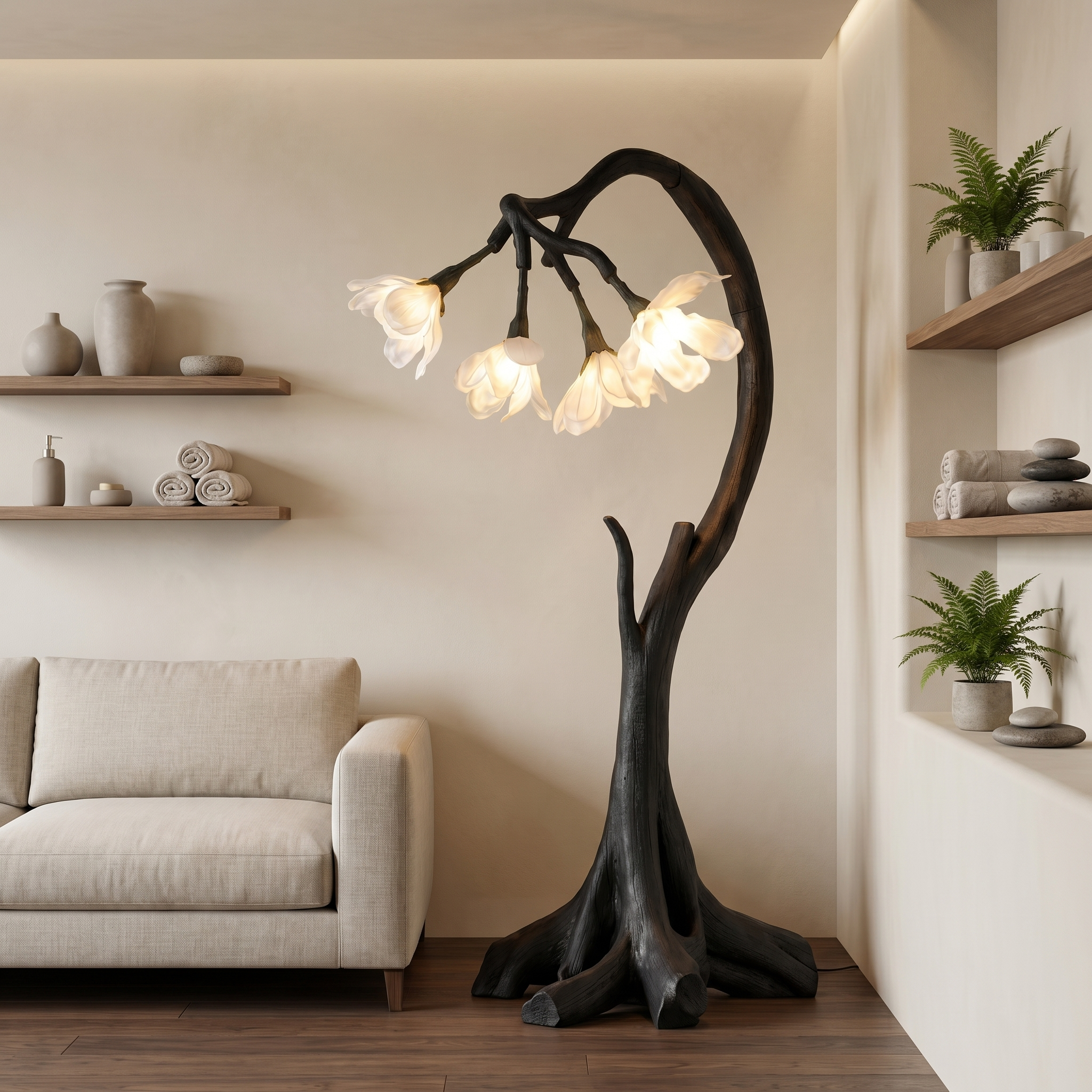 Bloom Floor Lamp With Sculptural Wooden Stand For Living Room And Bedroom SINLSAFLP072