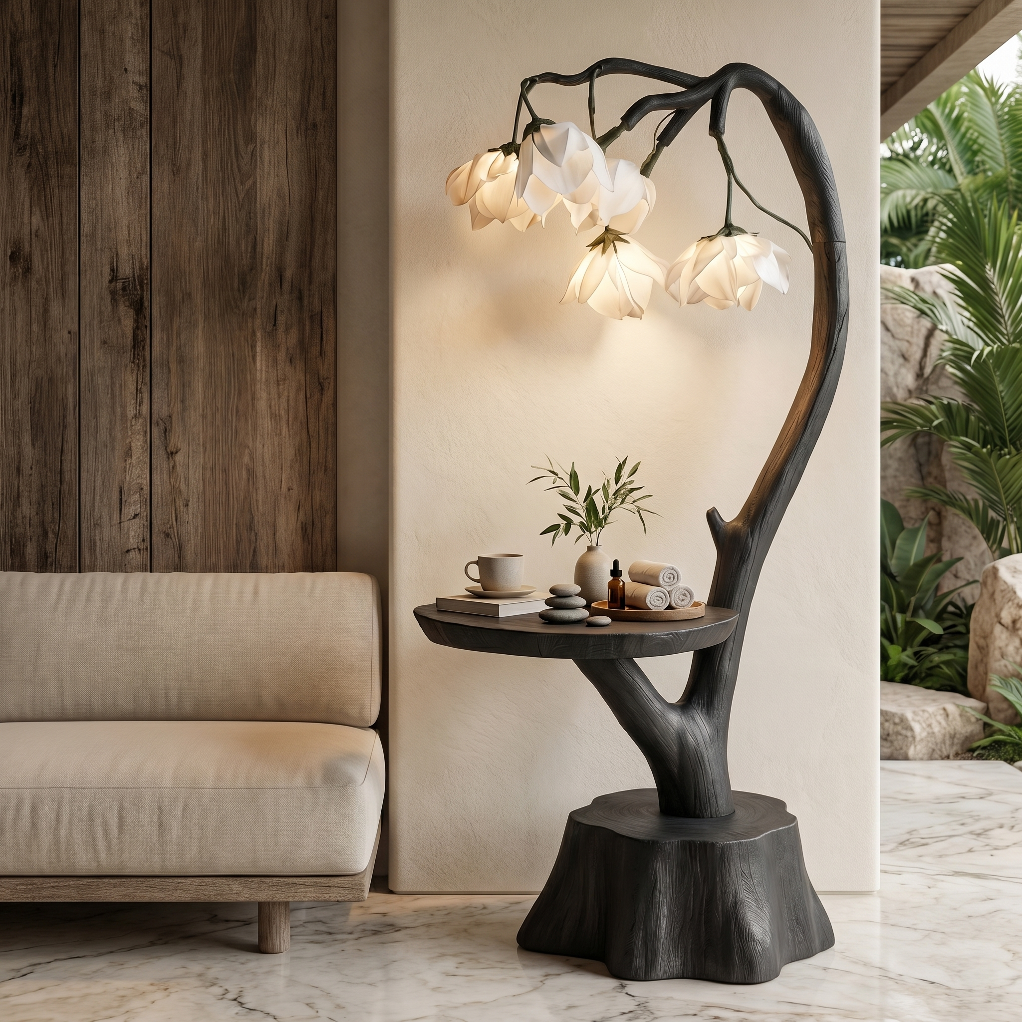 Sculptural Flower Floor Lamp With Handmade Wood Base For Living Room And Bedroom SINLSAFLP075