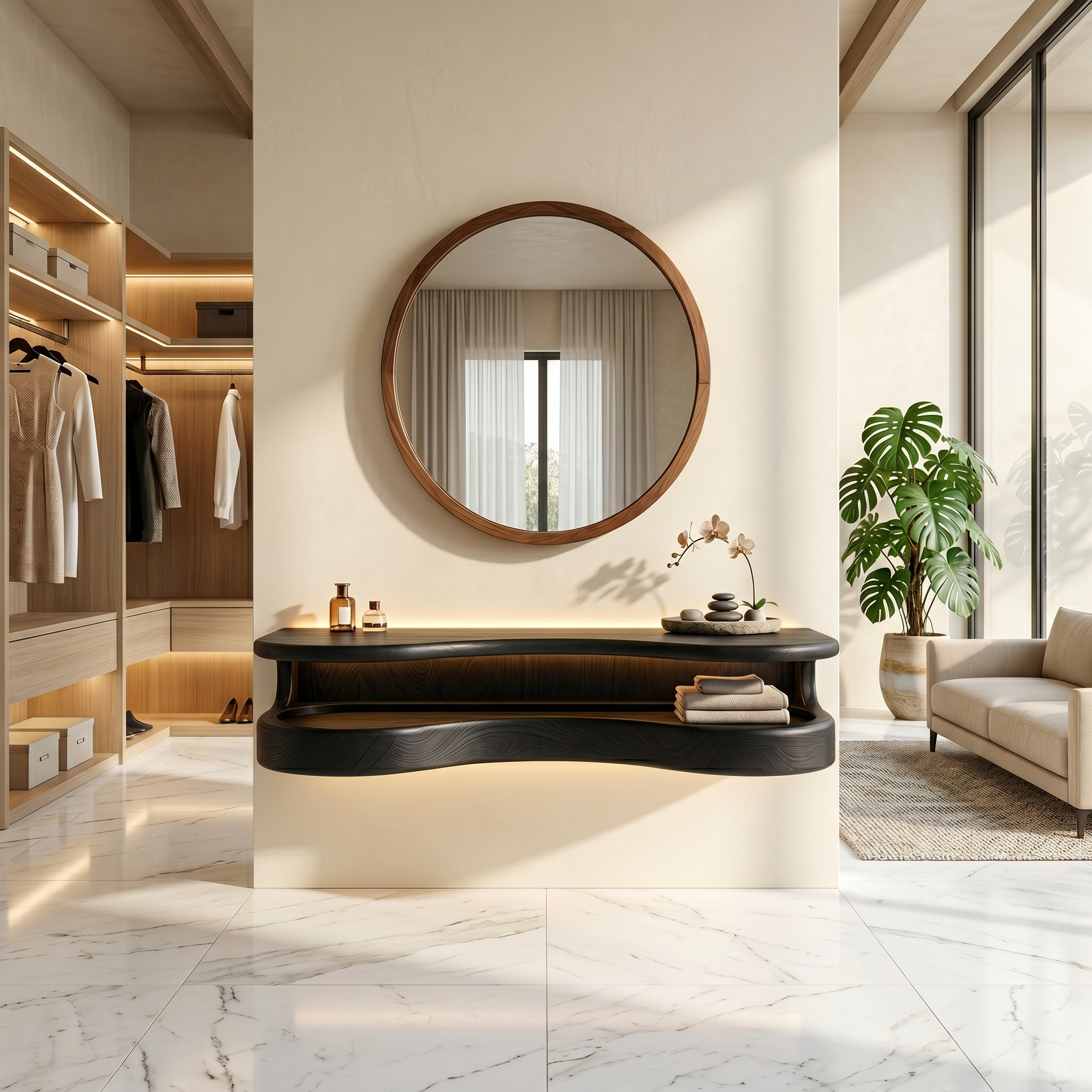 Organic Floating Vanity Desk With Rounded Wood Shelf For Bedroom SINLSABDT071