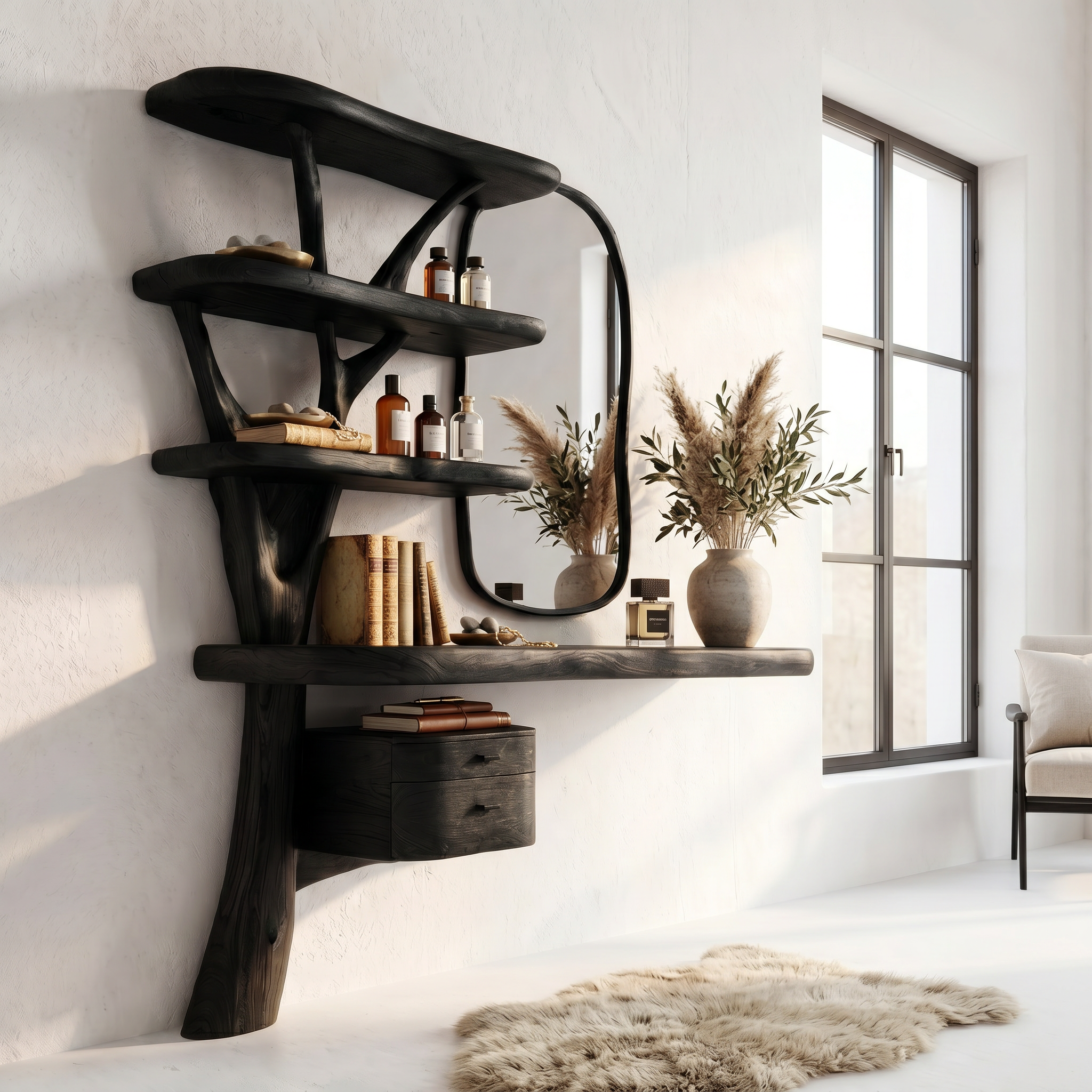 Sculptural Tree Vanity Desk With Curved Wood Shelves For Bedroom SINLSABDT075